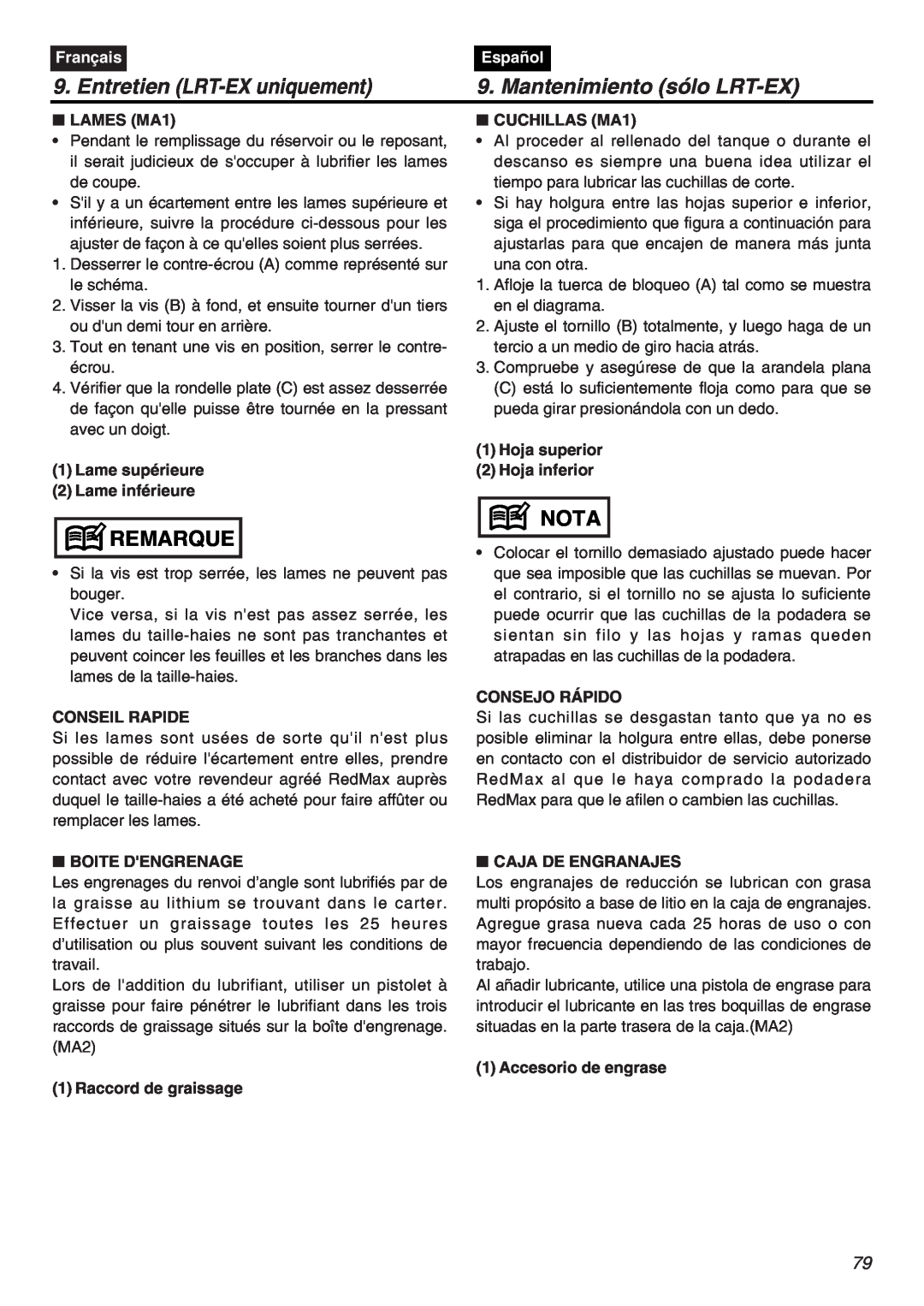 RedMax EXZ2401S-PH manual Entretien LRT-EX uniquement, Mantenimiento sólo LRT-EX, Remarque, Nota, Français, Español 