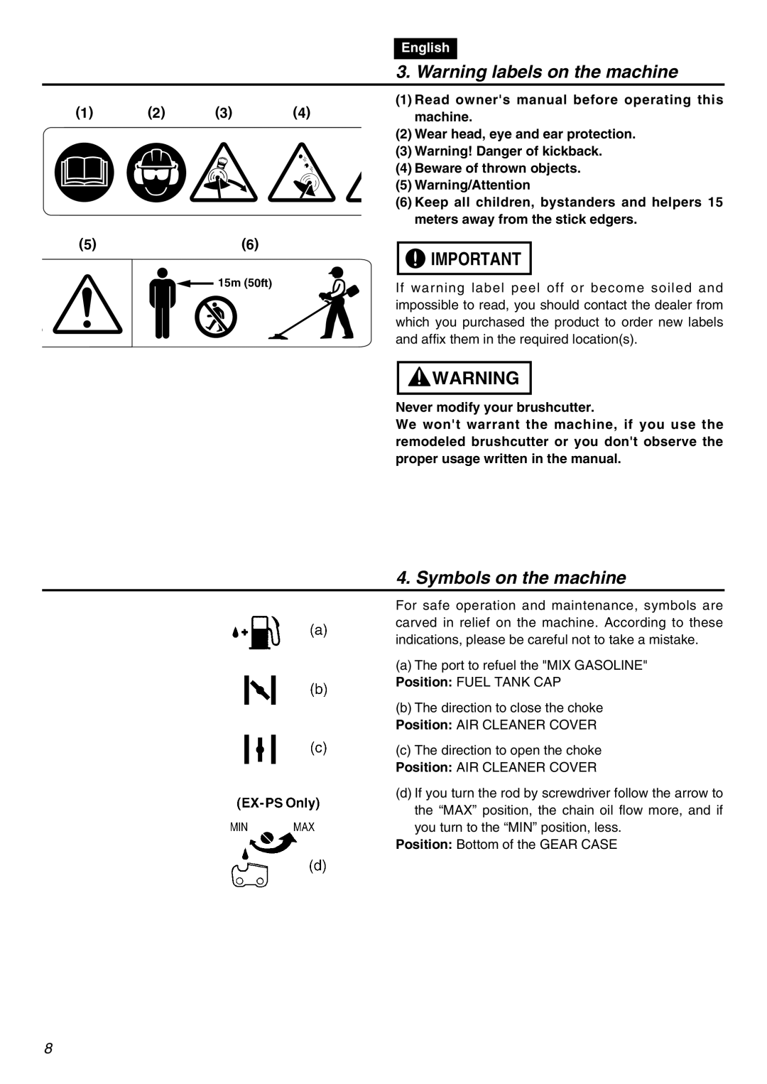 RedMax EXZ2401S-PH-CA manual Warning labels on the machine, Symbols on the machine, 1 2 3, English 