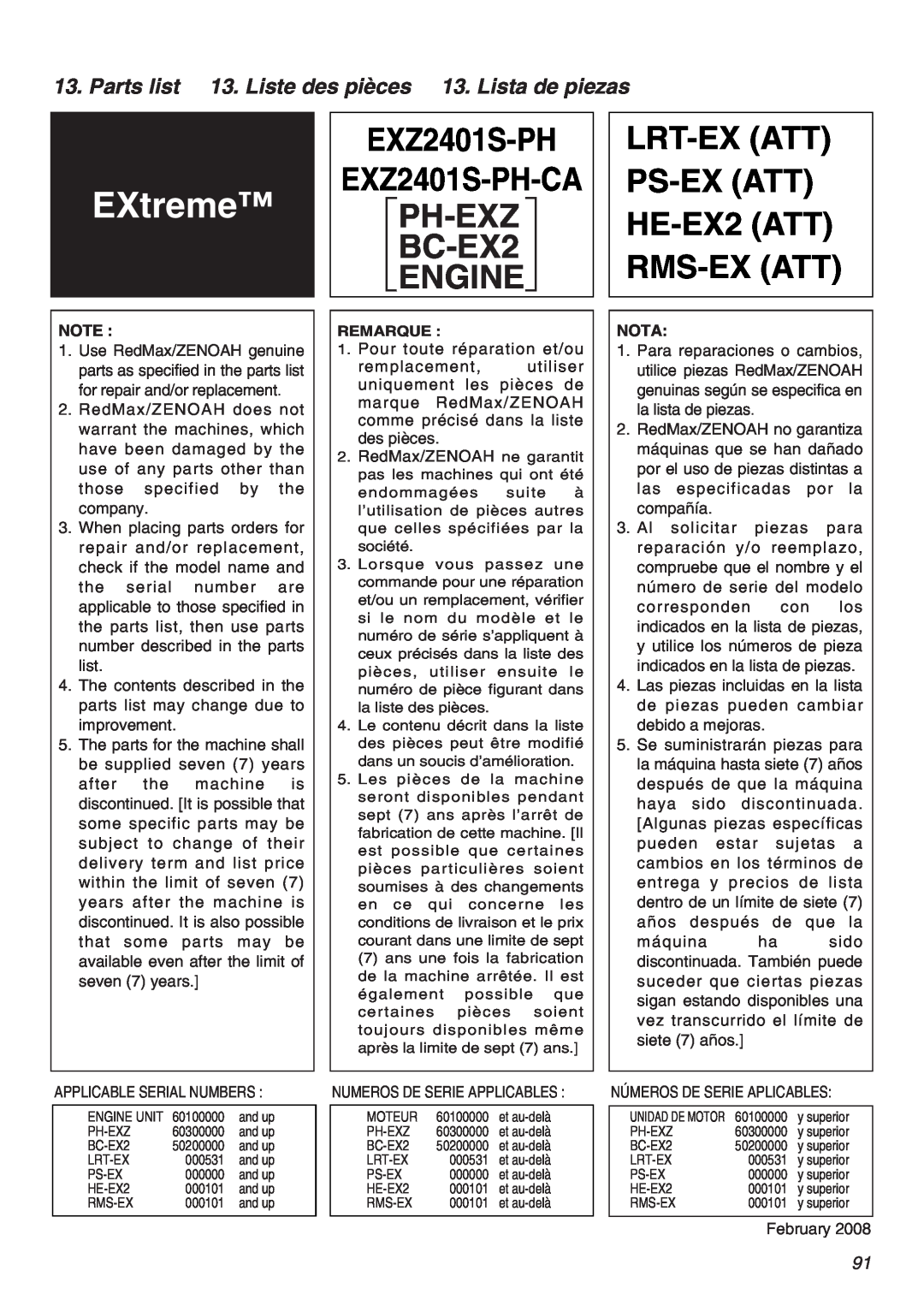 RedMax EXZ2401S-PH manual LRT-EX ATT PS-EX ATT HE-EX2 ATT RMS-EX ATT, Parts list 13. Liste des pièces 13. Lista de piezas 