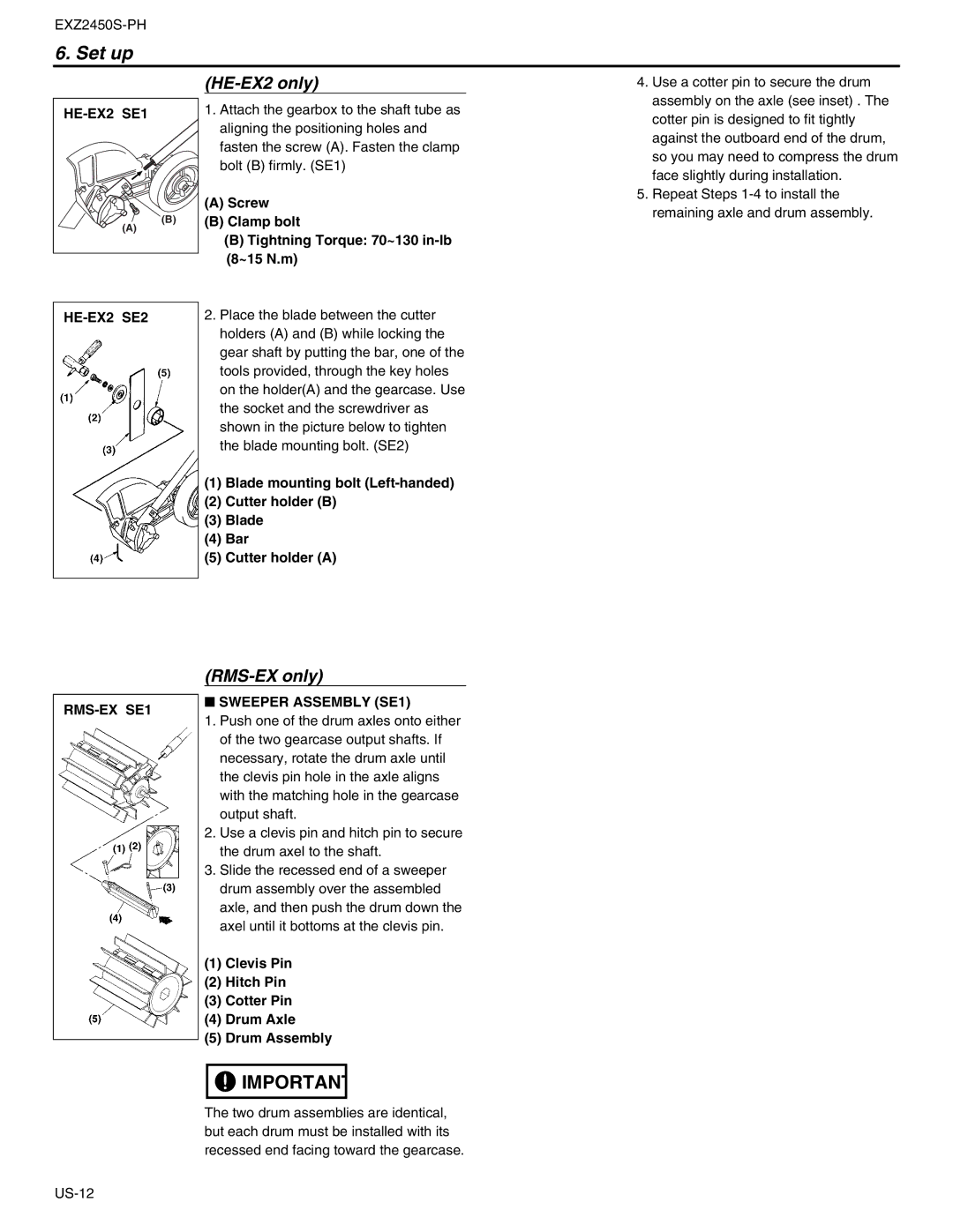 RedMax EXZ2450S-PH manual HE-EX2 SE1, HE-EX2 SE2 RMS-EX SE1, Sweeper Assembly SE1 