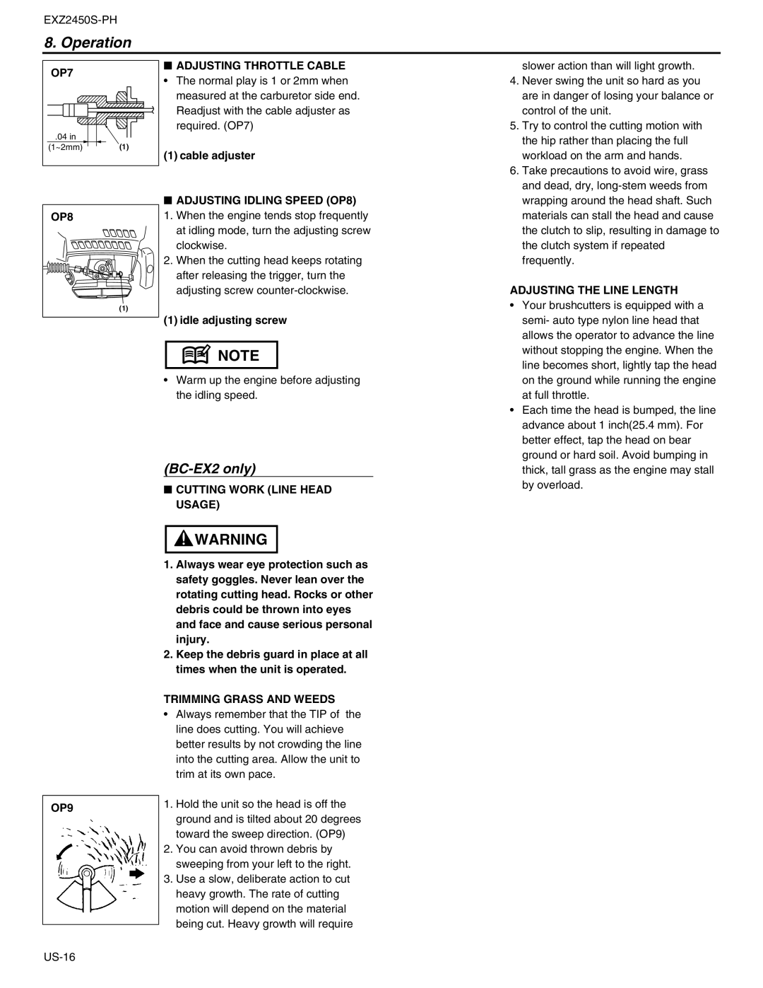 RedMax EXZ2450S-PH manual OP7, Adjusting Throttle Cable, Adjusting Idling Speed OP8, Adjusting the Line Length, OP9 