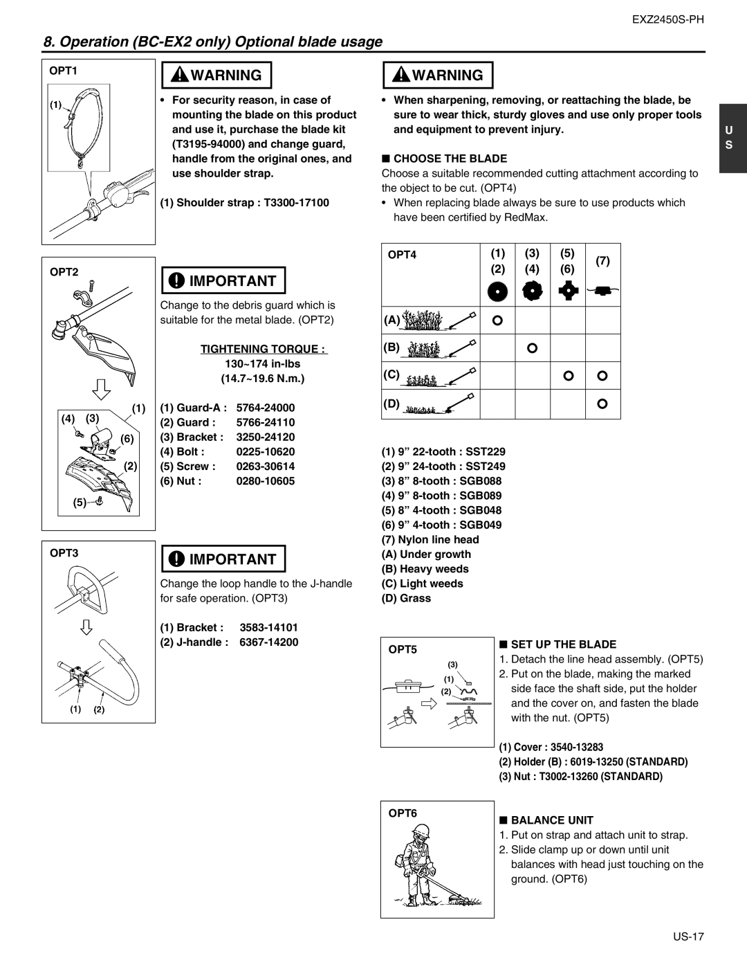 RedMax EXZ2450S-PH manual Operation BC-EX2 only Optional blade usage 