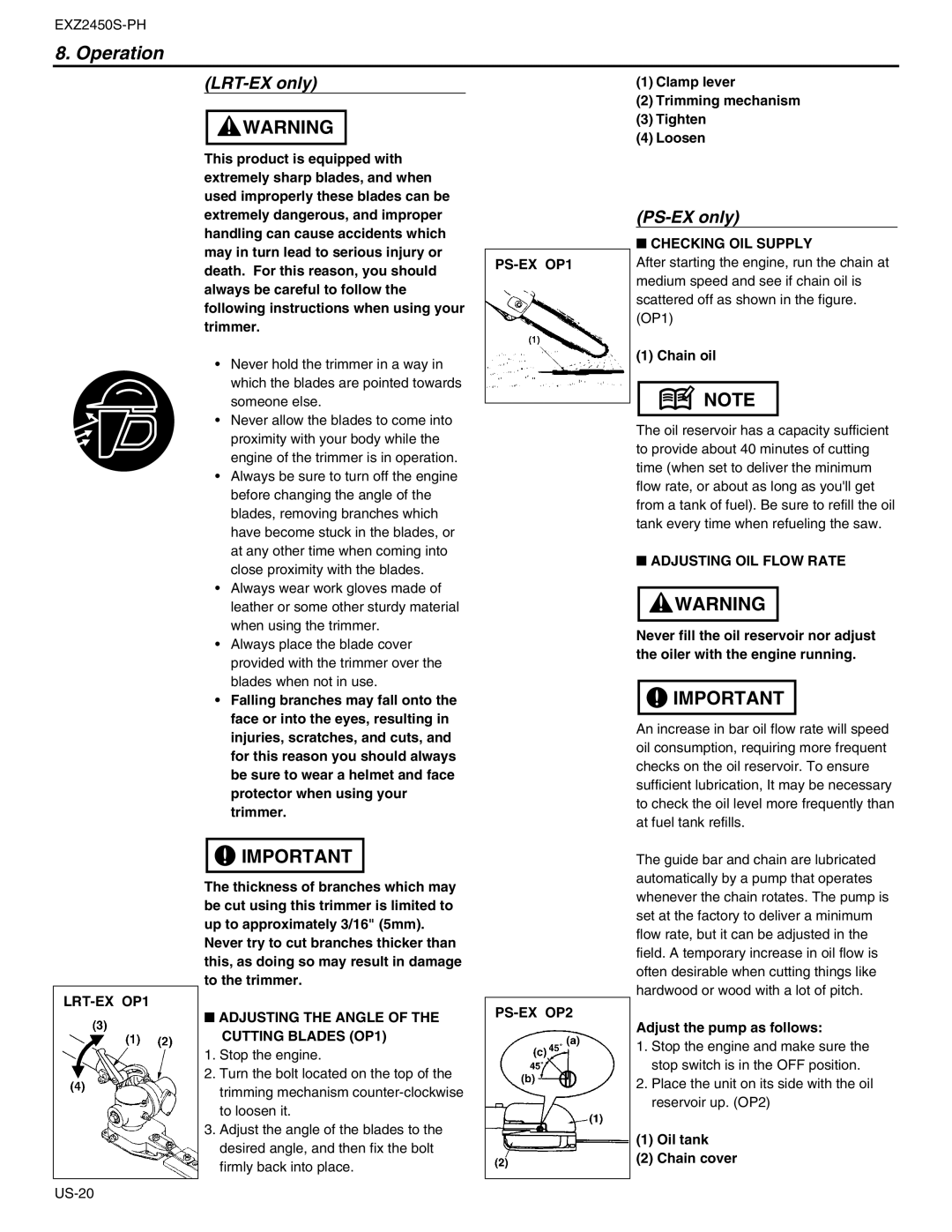 RedMax EXZ2450S-PH manual PS-EX OP1, Checking OIL Supply, Adjusting OIL Flow Rate, LRT-EX OP1, PS-EX OP2 