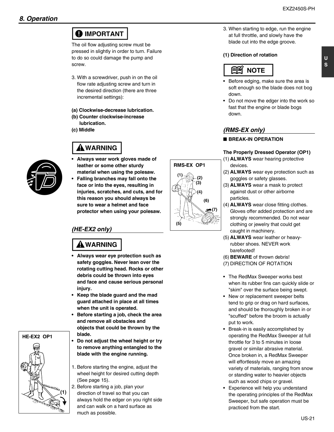 RedMax EXZ2450S-PH manual Direction of rotation, BREAK-IN Operation HE-EX2 OP1, RMS-EX OP1, Properly Dressed Operator OP1 