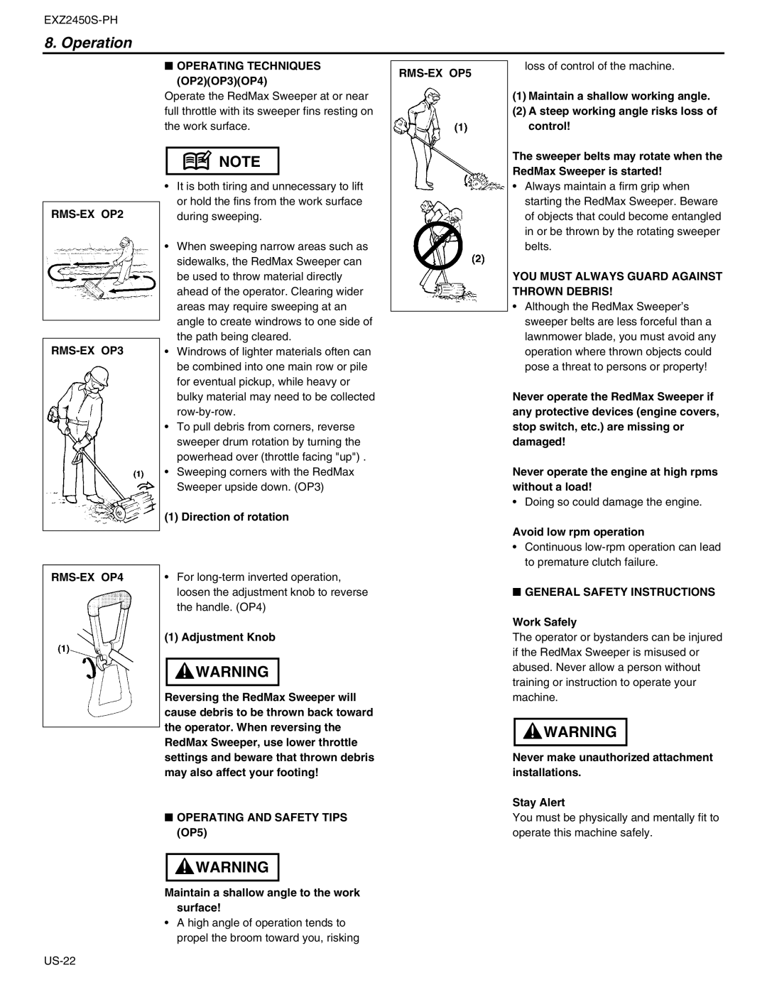 RedMax EXZ2450S-PH manual RMS-EX OP2 RMS-EX OP3 Operating Techniques OP2OP3OP4, RMS-EX OP5, RMS-EX OP4 