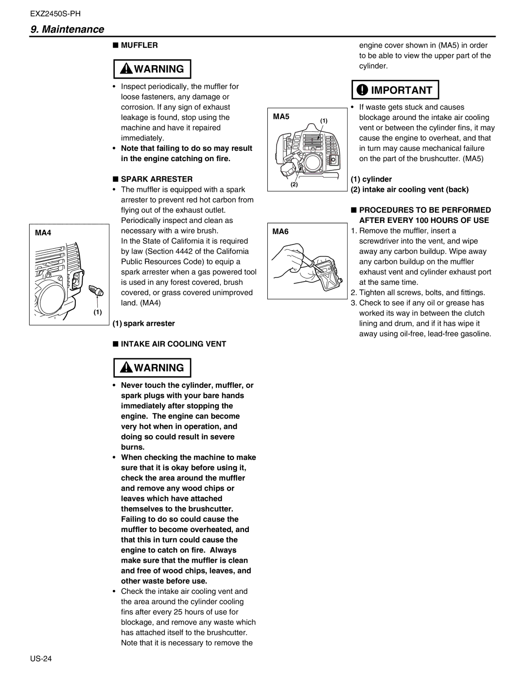 RedMax EXZ2450S-PH manual Muffler, MA5, MA4, Spark Arrester, MA6, Procedures to be Performed After Every 100 Hours of USE 