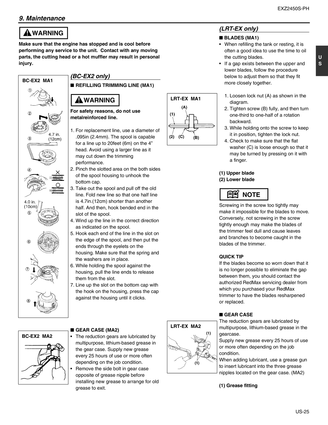 RedMax EXZ2450S-PH manual Blades MA1, BC-EX2 MA1, Refilling Trimming Line MA1, LRT-EX MA1, Quick TIP, LRT-EX MA2 