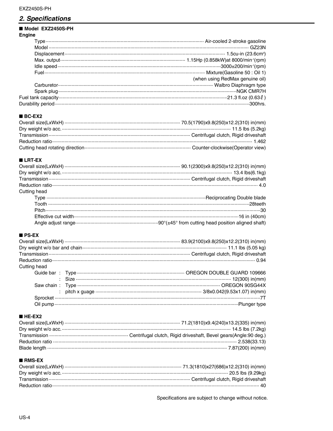 RedMax EXZ2450S-PH manual Specifications, Lrt-Ex, Ps-Ex, Rms-Ex 