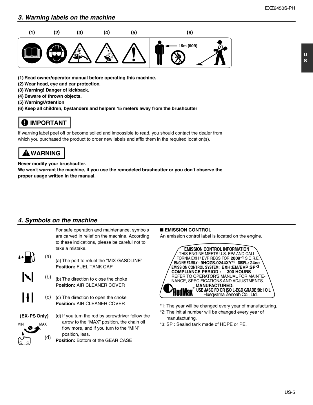 RedMax EXZ2450S-PH manual Symbols on the machine, Emission Control, Manufactured 