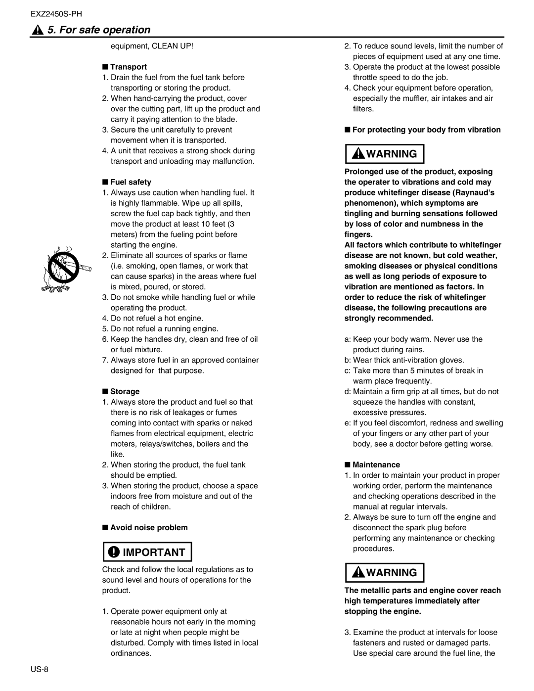 RedMax EXZ2450S-PH manual Transport, Fuel safety, Storage, Avoid noise problem, Maintenance, Stopping the engine 