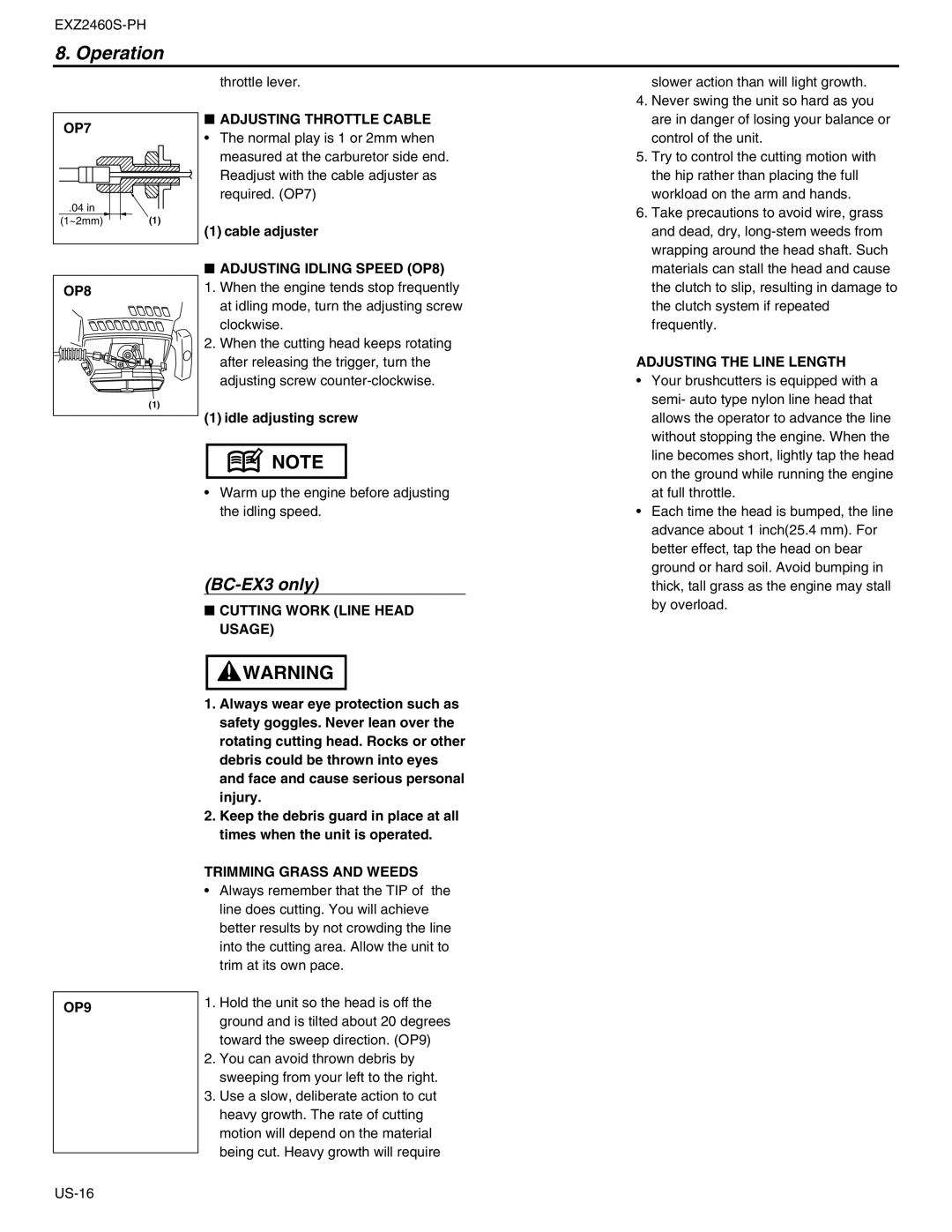 RedMax EXZ2460S-PH manual OP7, Adjusting Throttle Cable, Adjusting Idling Speed OP8, Adjusting the Line Length, OP9 