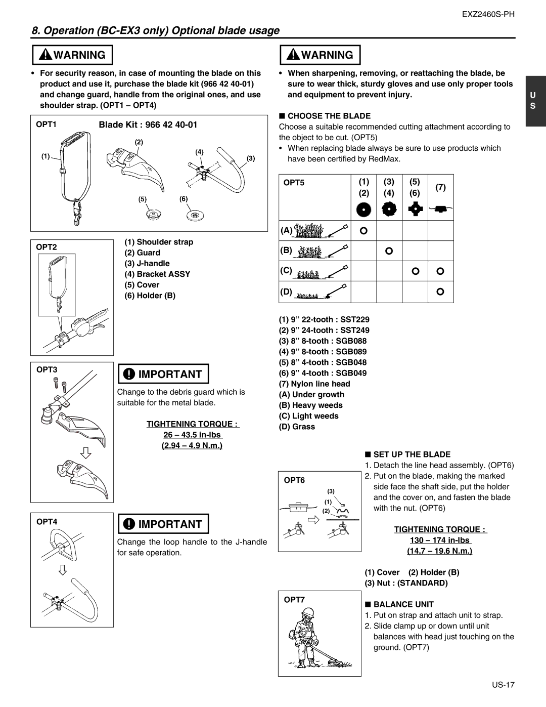 RedMax EXZ2460S-PH manual Operation BC-EX3 only Optional blade usage 