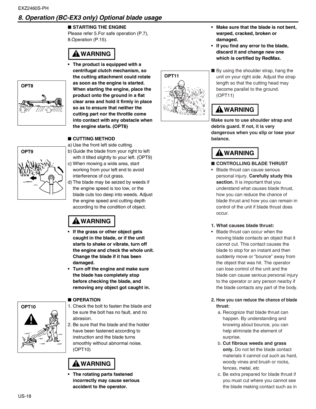 RedMax EXZ2460S-PH manual OPT8 OPT9 Starting the Engine, Cutting Method, OPT11, Controlling Blade Thrust, OPT10, Operation 