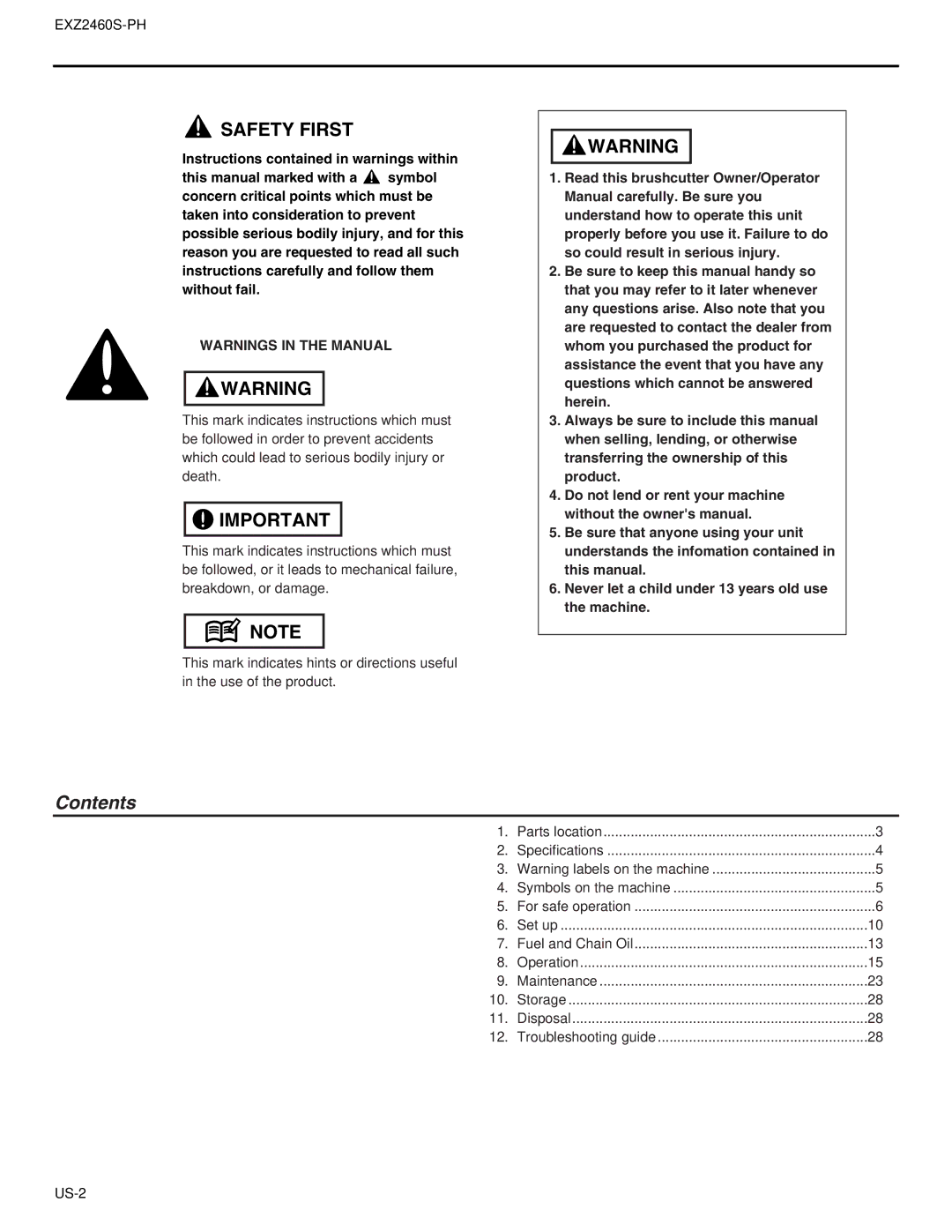 RedMax EXZ2460S-PH manual Contents 