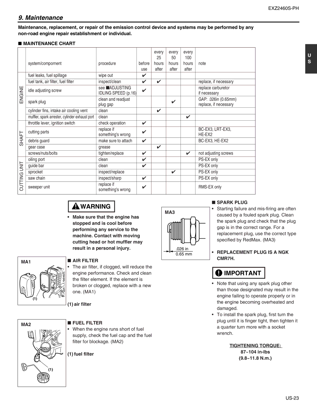 RedMax EXZ2460S-PH manual Maintenance Chart, MA1 AIR Filter MA3, Spark Plug, Fuel Filter 