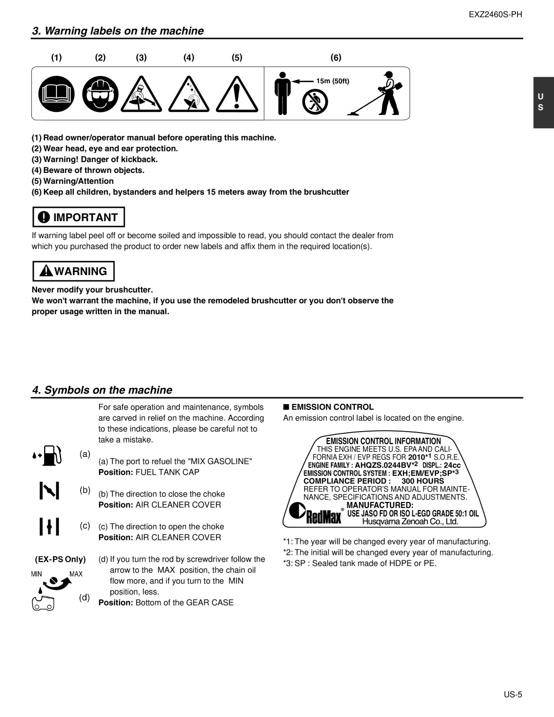 RedMax EXZ2460S-PH manual Symbols on the machine, Emission Control, Manufactured 