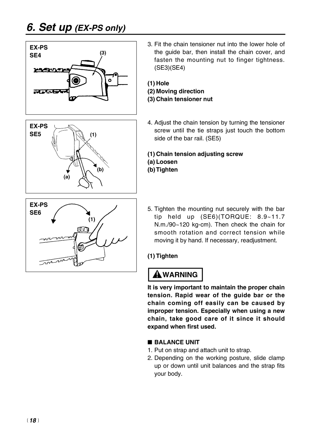 RedMax EXZ2500S-BC manual EX-PS SE4 EX-PS SE5 EX-PS SE6, Hole Moving direction Chain tensioner nut,  18  