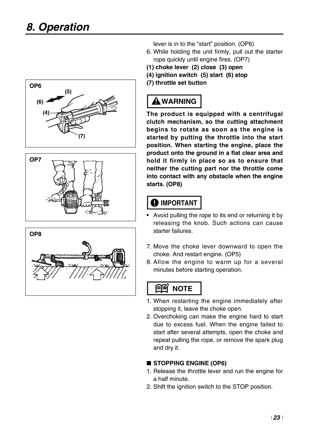 RedMax EXZ2500S-BC manual OP6 OP7 OP8, Stopping Engine OP6,  23  