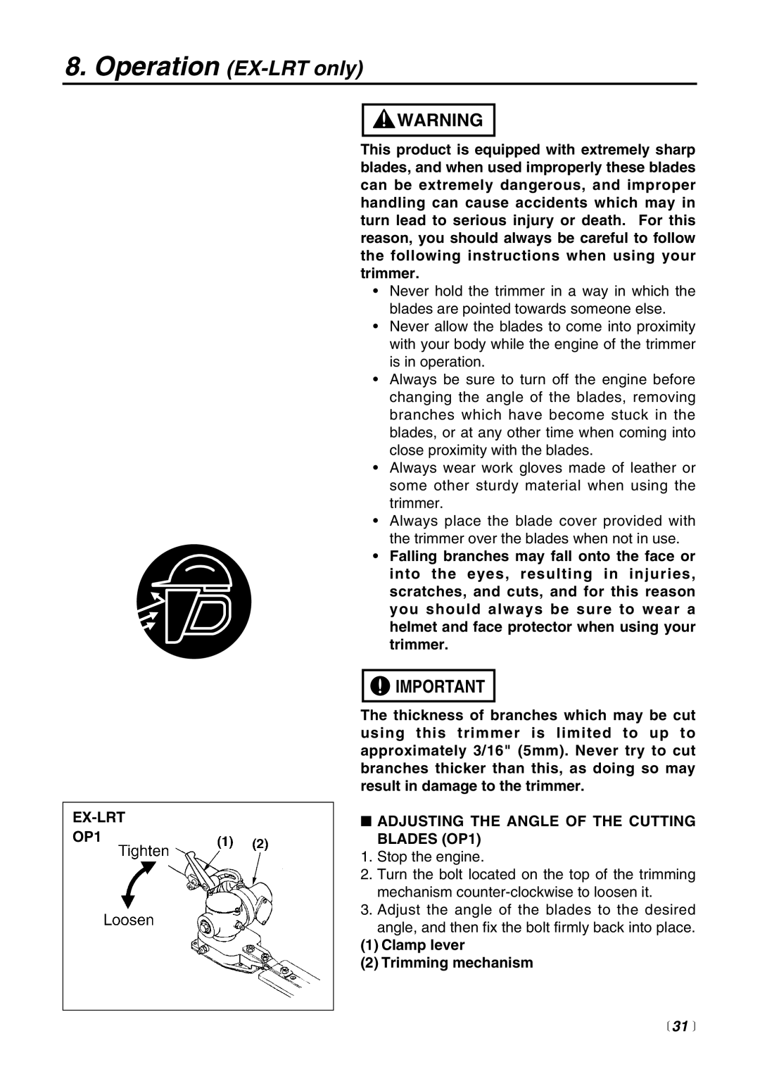 RedMax EXZ2500S-BC manual Operation EX-LRT only, EX-LRT OP1, Adjusting the Angle of the Cutting Blades OP1,  31  