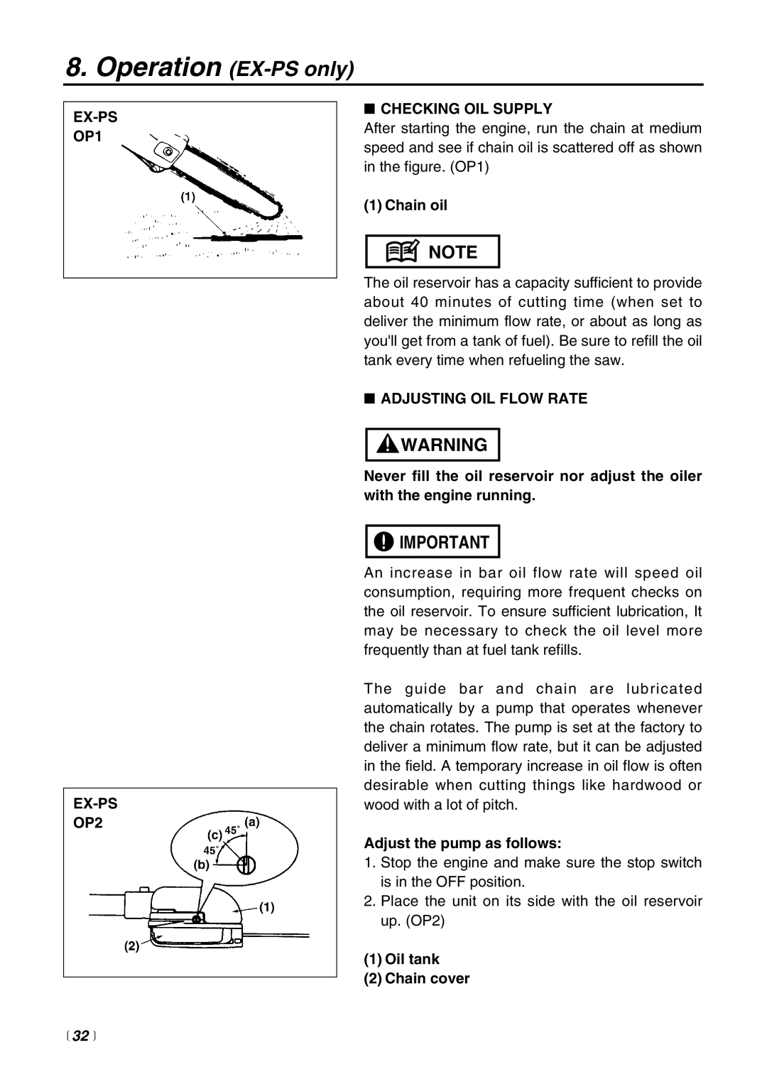 RedMax EXZ2500S-BC manual Operation EX-PS only, EX-PS OP1 EX-PS OP2 Checking OIL Supply, Adjusting OIL Flow Rate,  32  