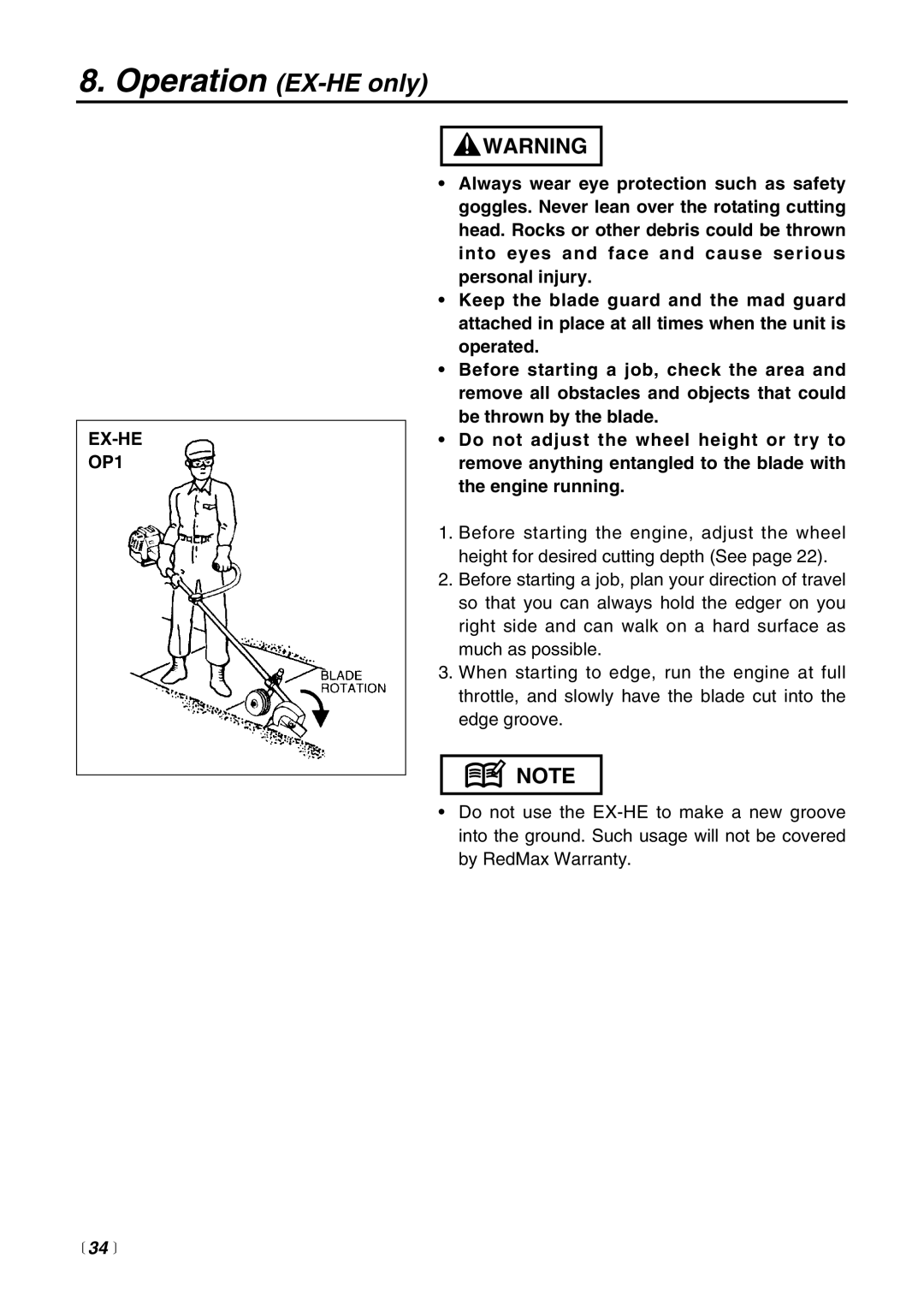 RedMax EXZ2500S-BC manual Operation EX-HE only, EX-HE OP1,  34  
