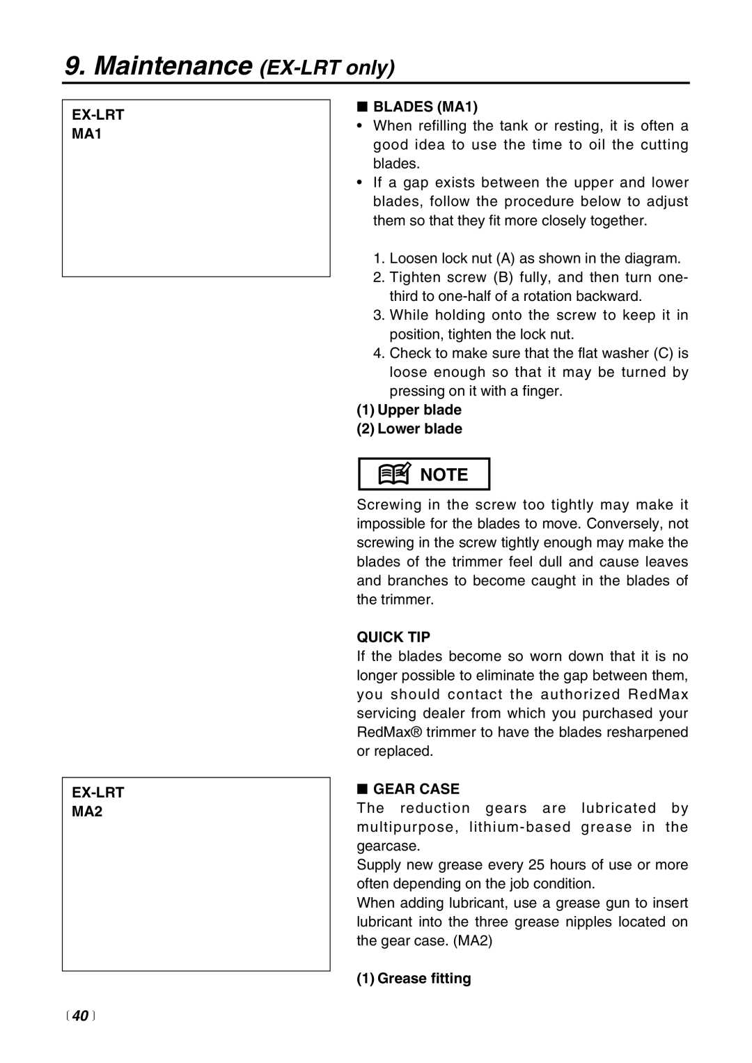 RedMax EXZ2500S-BC manual EX-LRT MA1 EX-LRT MA2,  40 , Blades MA1, Quick TIP, Gear Case 