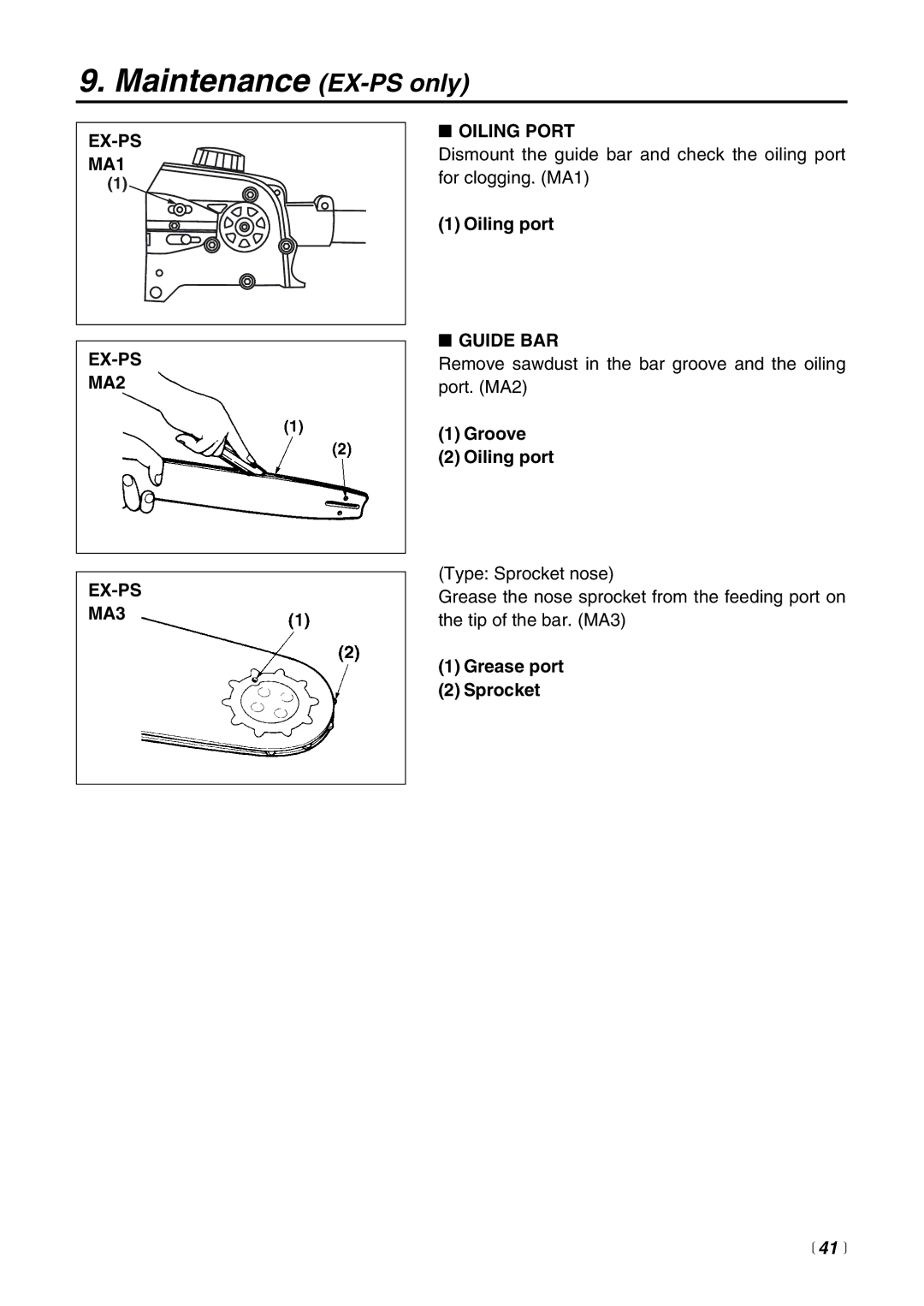 RedMax EXZ2500S-BC manual Maintenance EX-PS only, EX-PS MA1 MA2 MA3 Oiling Port, Guide BAR,  41  