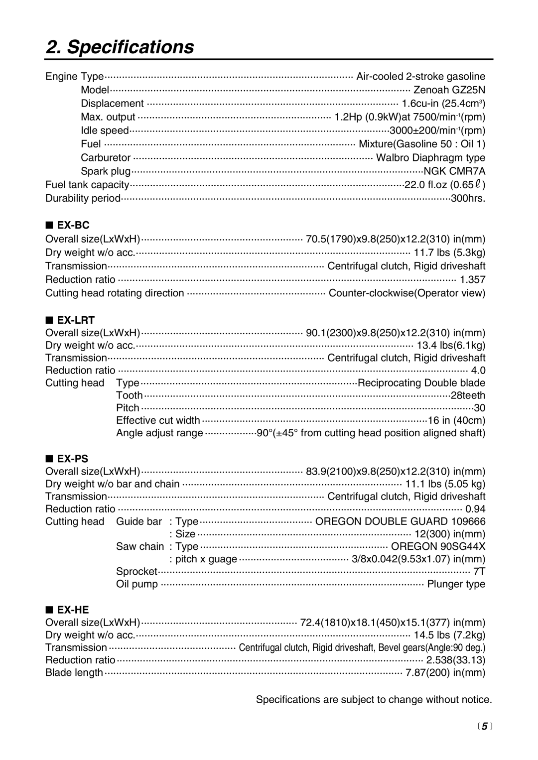 RedMax EXZ2500S-BC manual Specifications, Ex-Bc, Ex-Lrt, Ex-Ps, Ex-He 