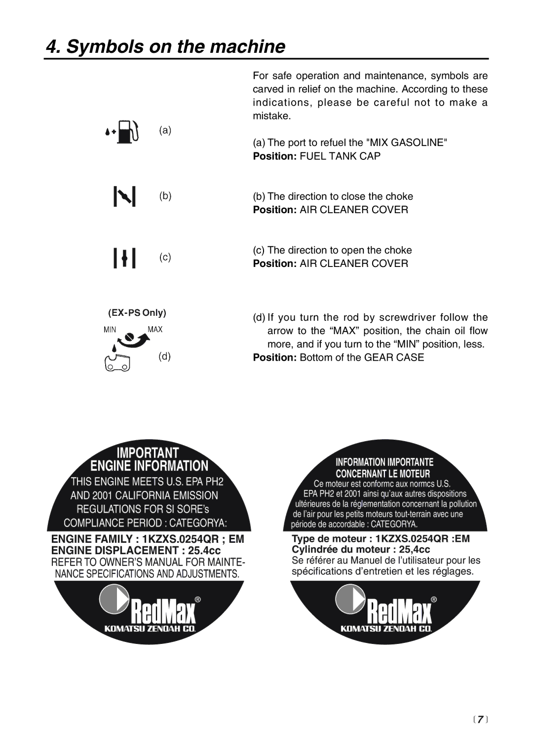 RedMax EXZ2500S-BC manual Symbols on the machine, Type de moteur 1KZXS.0254QR EM Cylindrée du moteur 25,4cc,  7  