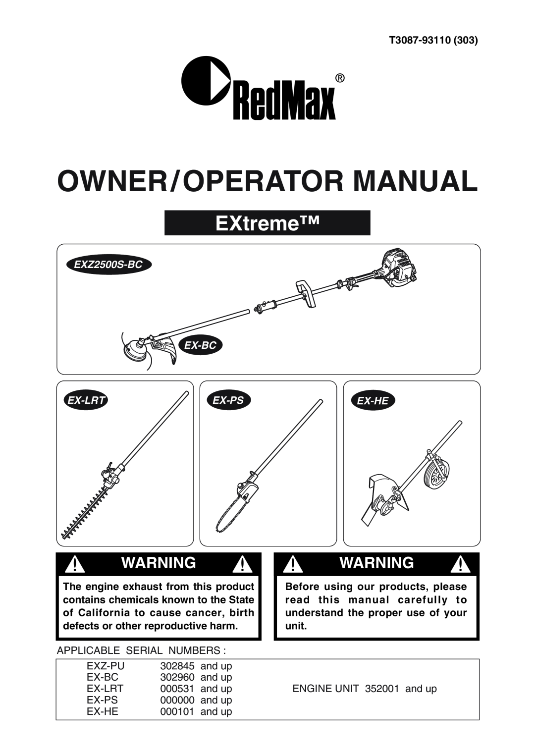RedMax manual EXtreme, EXZ2500S-BC EX-BC, Ex-Lrt, Ex-Ps, Ex-He, Owner/Operator Manual, Warning Warning 