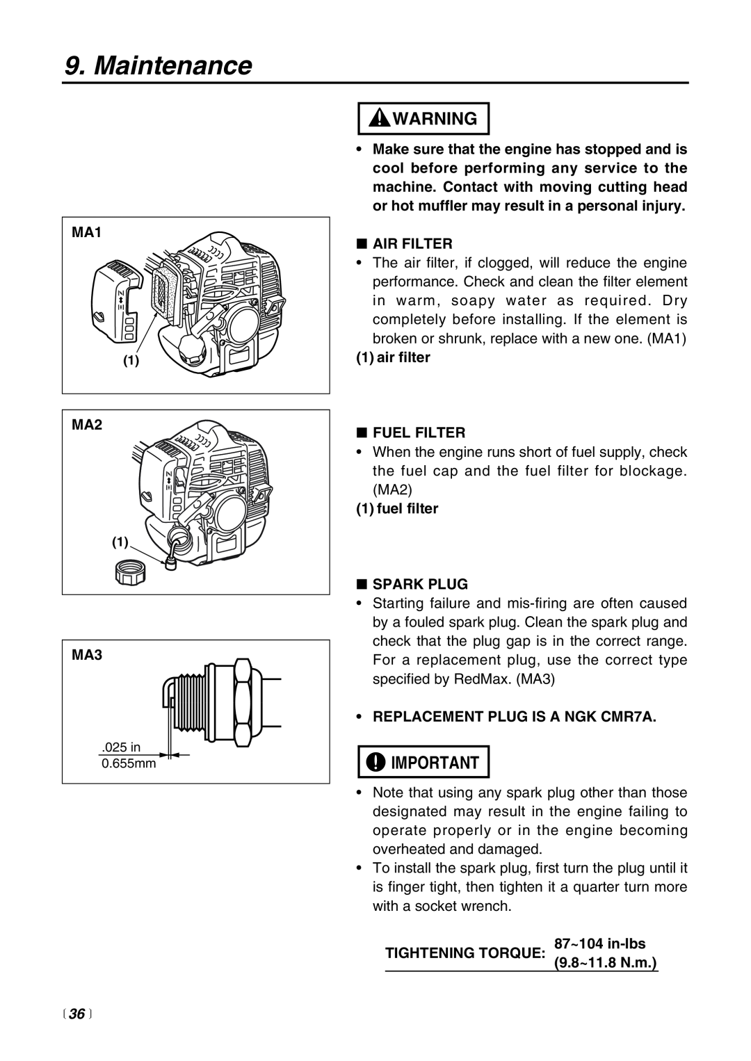 RedMax EXZ2500S-BC manual 36 , Maintenance, Air Filter 