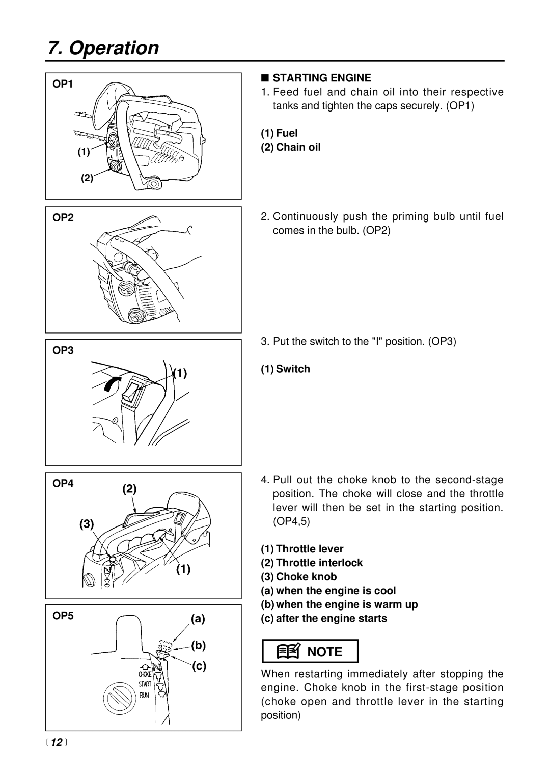 RedMax G2500TS manual Operation, OP1 OP2 OP3 OP4 OP5, Starting Engine, Fuel Chain oil, Switch 