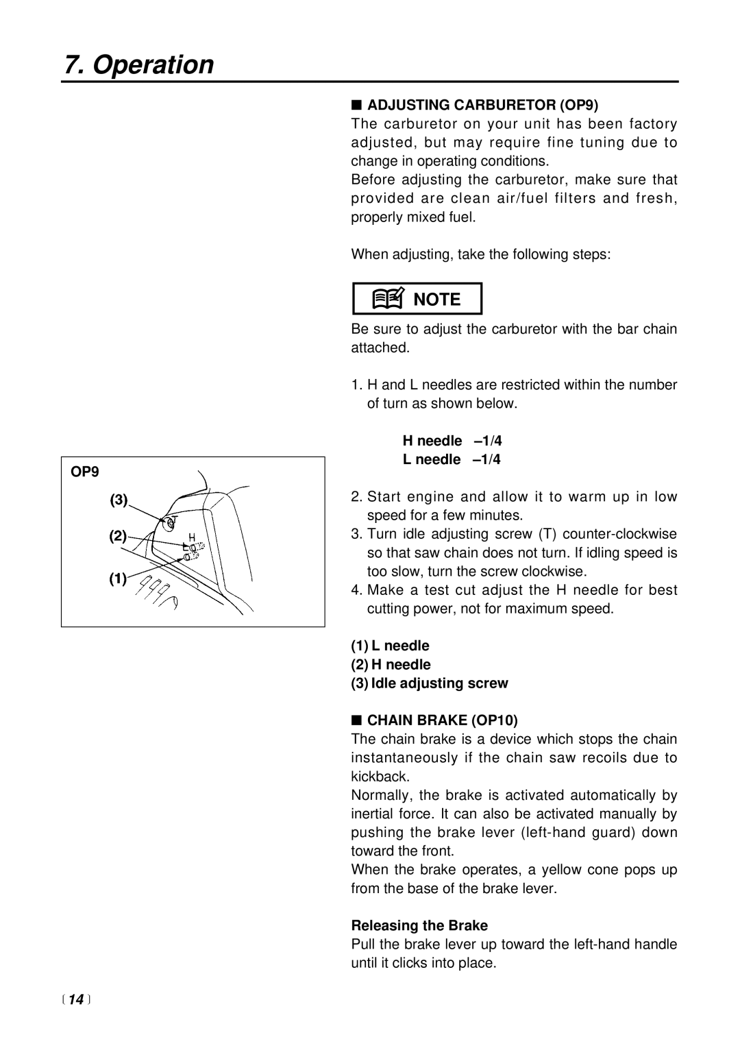 RedMax G2500TS manual Adjusting Carburetor OP9, Chain Brake OP10 