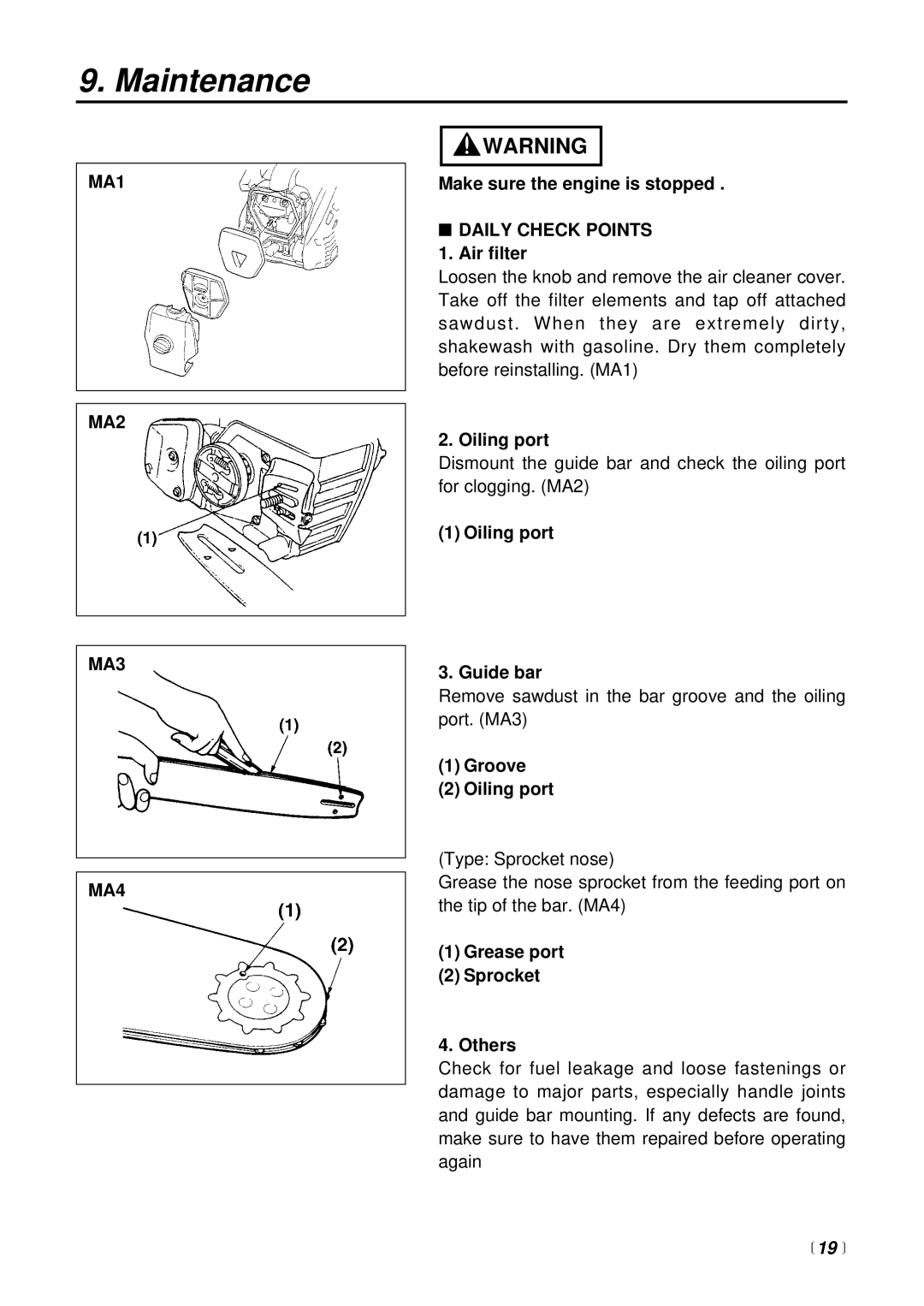 RedMax G2500TS manual Maintenance, MA1 MA2 MA3 MA4, Daily Check Points 