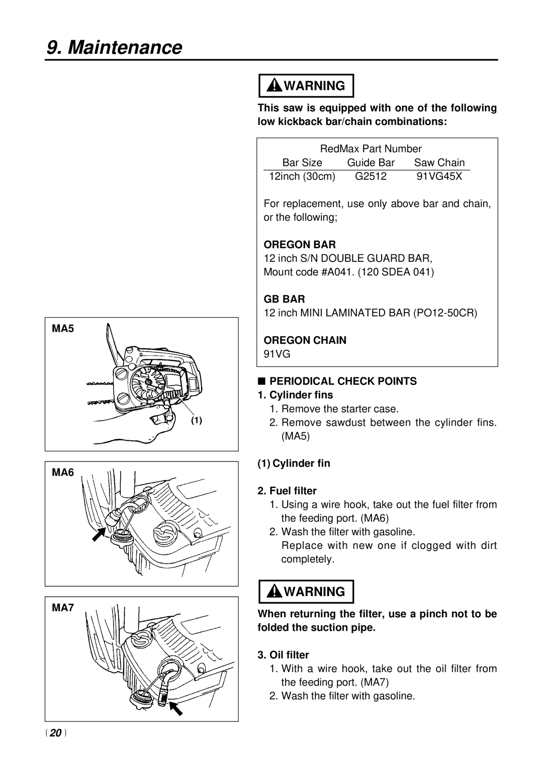 RedMax G2500TS manual MA5 MA6 MA7, Oregon BAR, Gb Bar, Oregon Chain, Periodical Check Points 