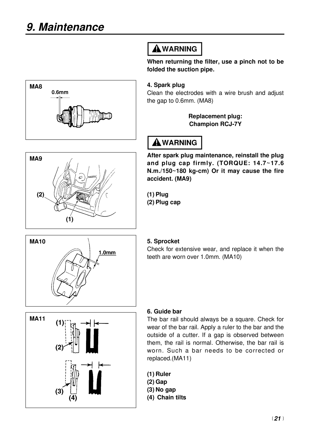 RedMax G2500TS manual MA8 MA9, Ruler Gap No gap Chain tilts 