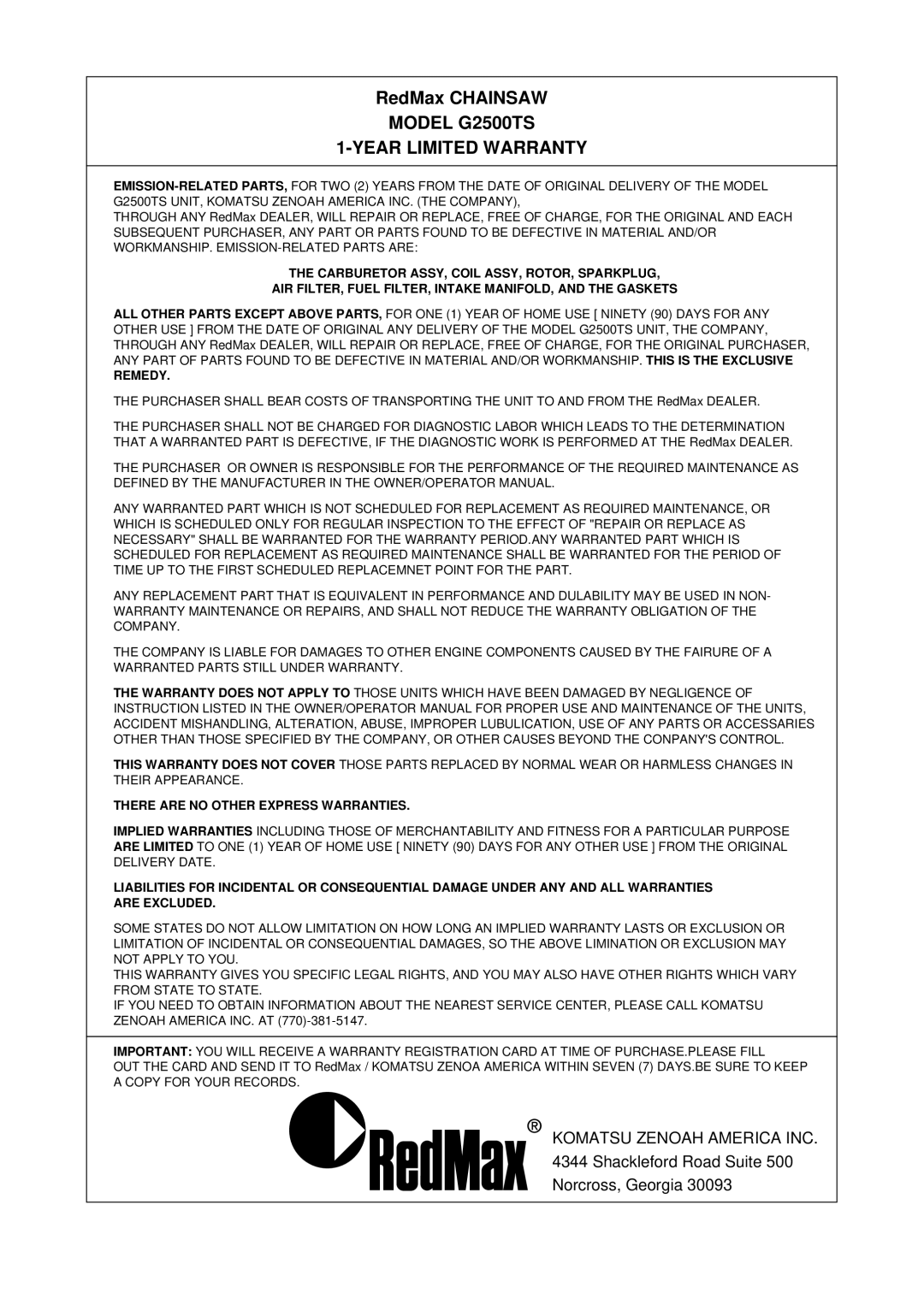 RedMax manual RedMax Chainsaw, Model G2500TS Year Limited Warranty 