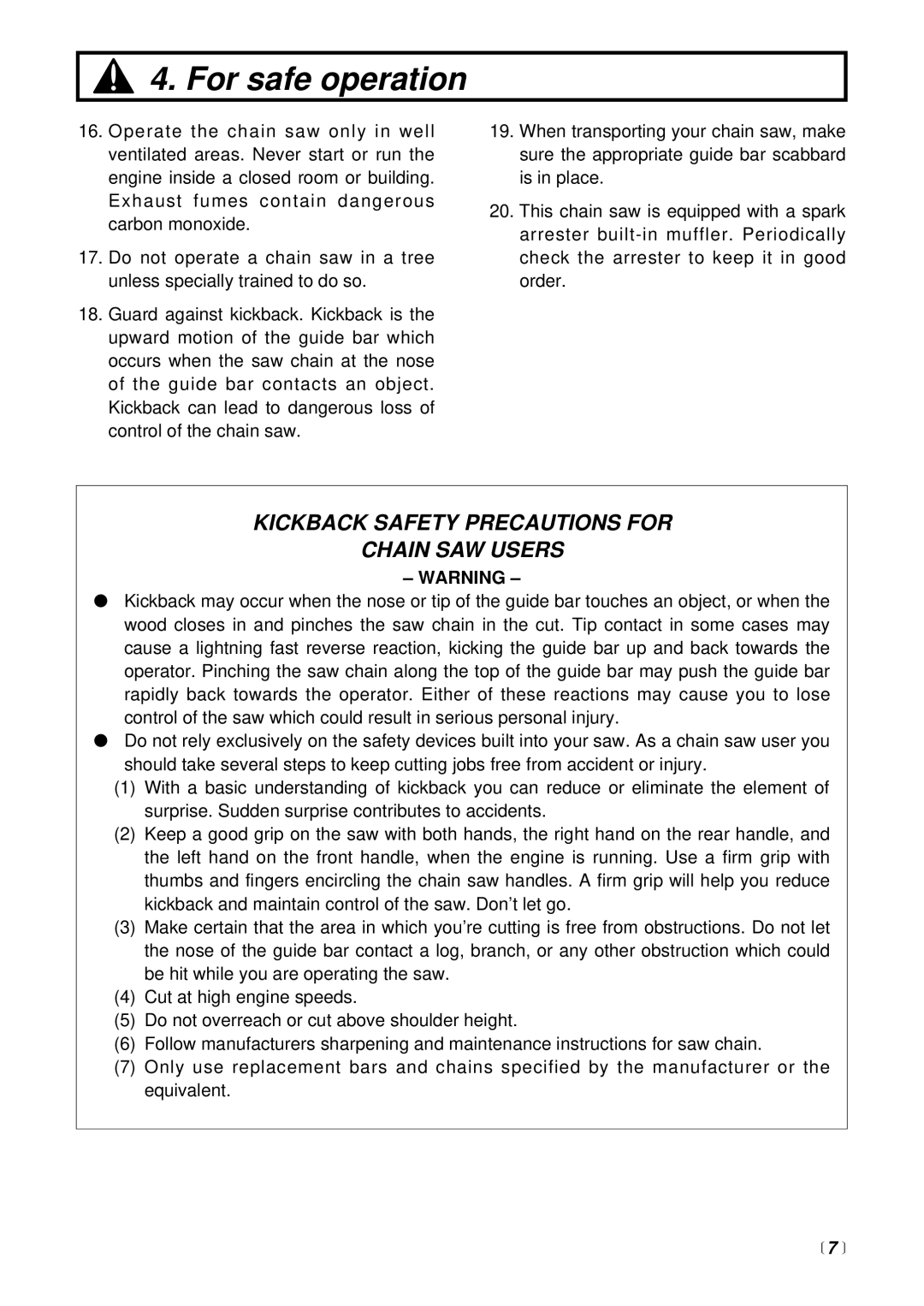 RedMax G2500TS manual Kickback Safety Precautions for Chain SAW Users 