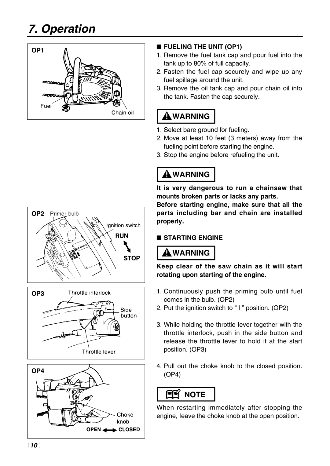 RedMax G3100T manual Operation, OP1 OP2 OP3 OP4 Fueling the Unit OP1, Starting Engine 