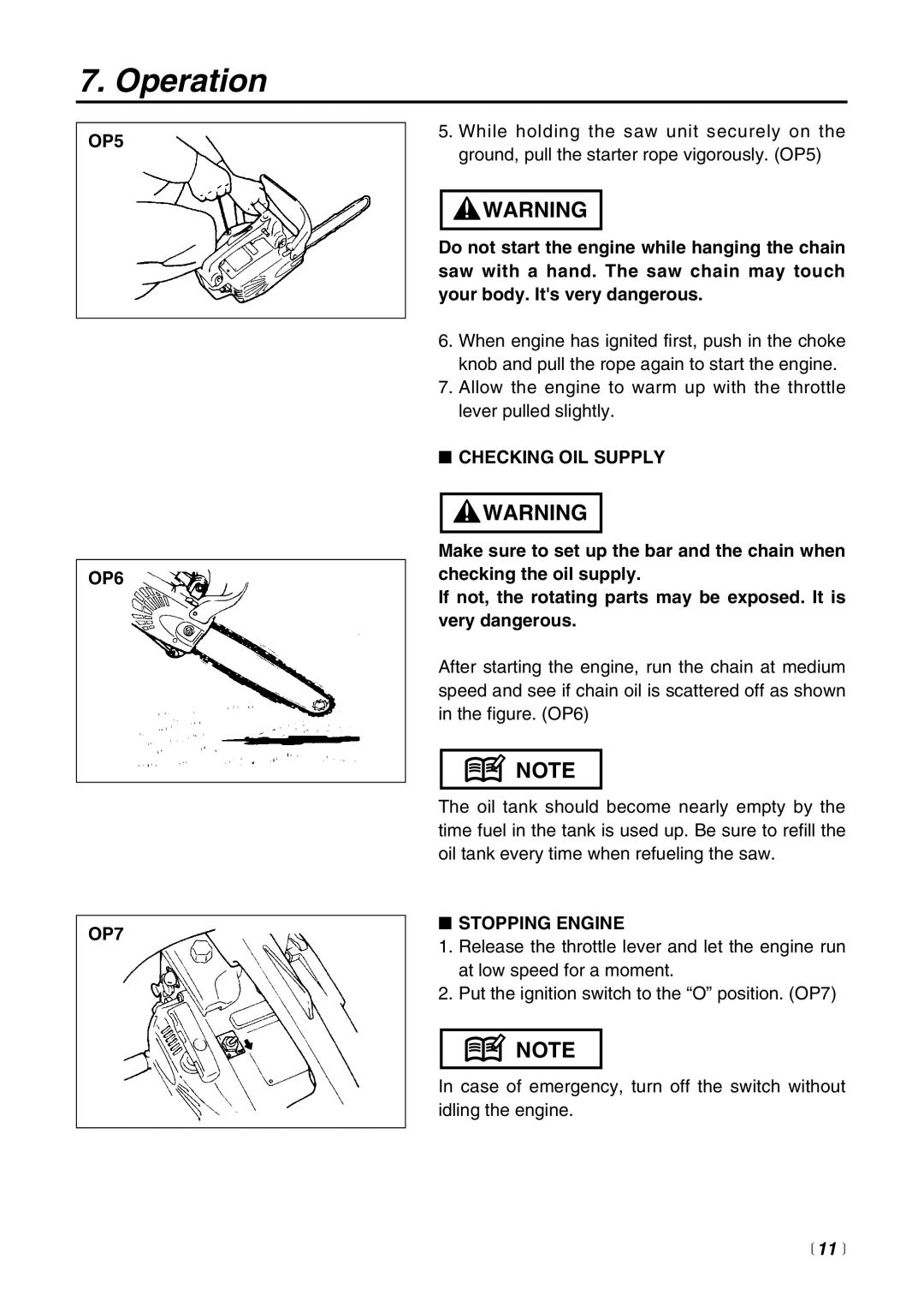 RedMax G3100T manual OP5 OP6 OP7, Checking OIL Supply, Stopping Engine 