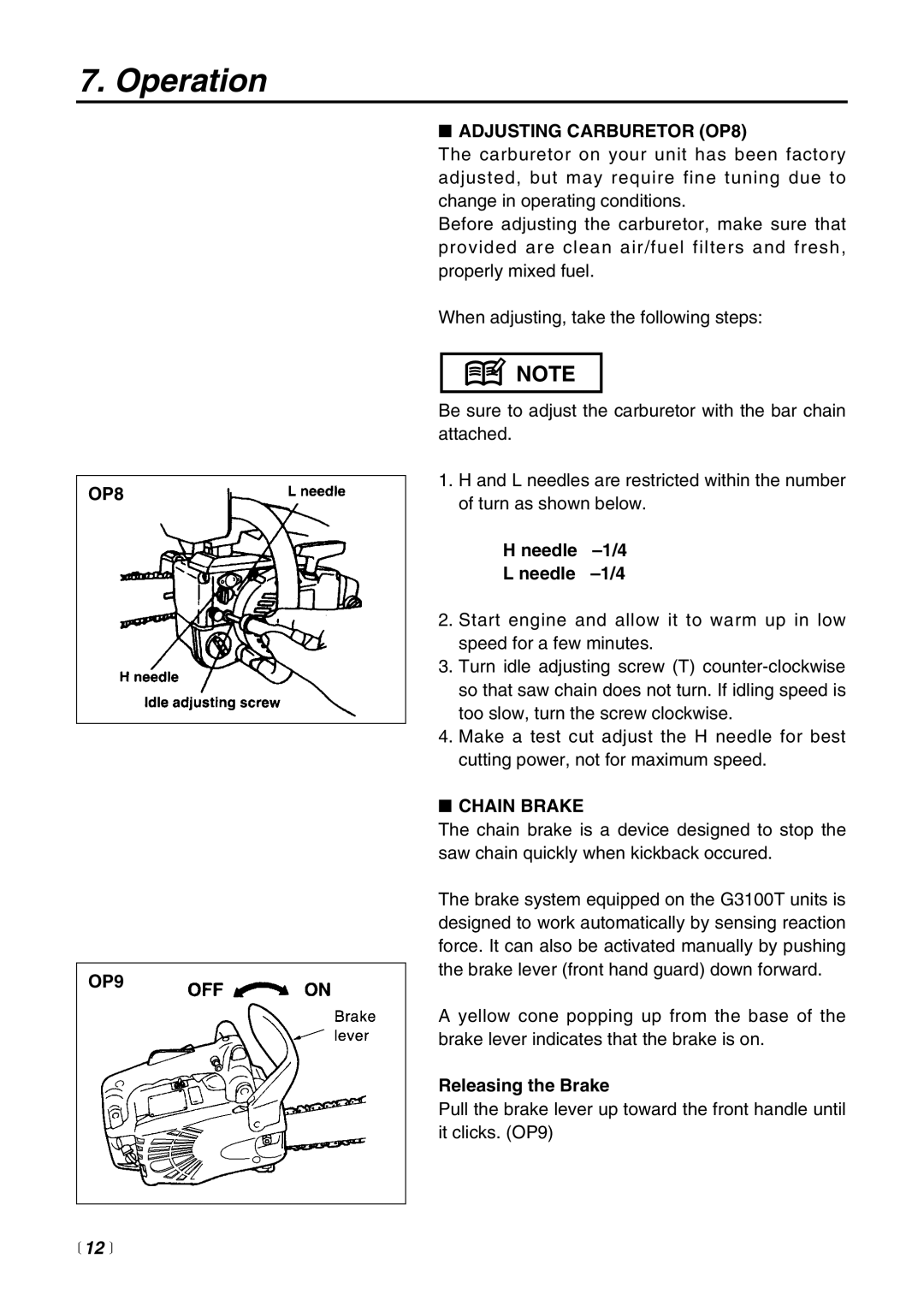 RedMax G3100T manual OP8 OP9 Adjusting Carburetor OP8, Chain Brake 