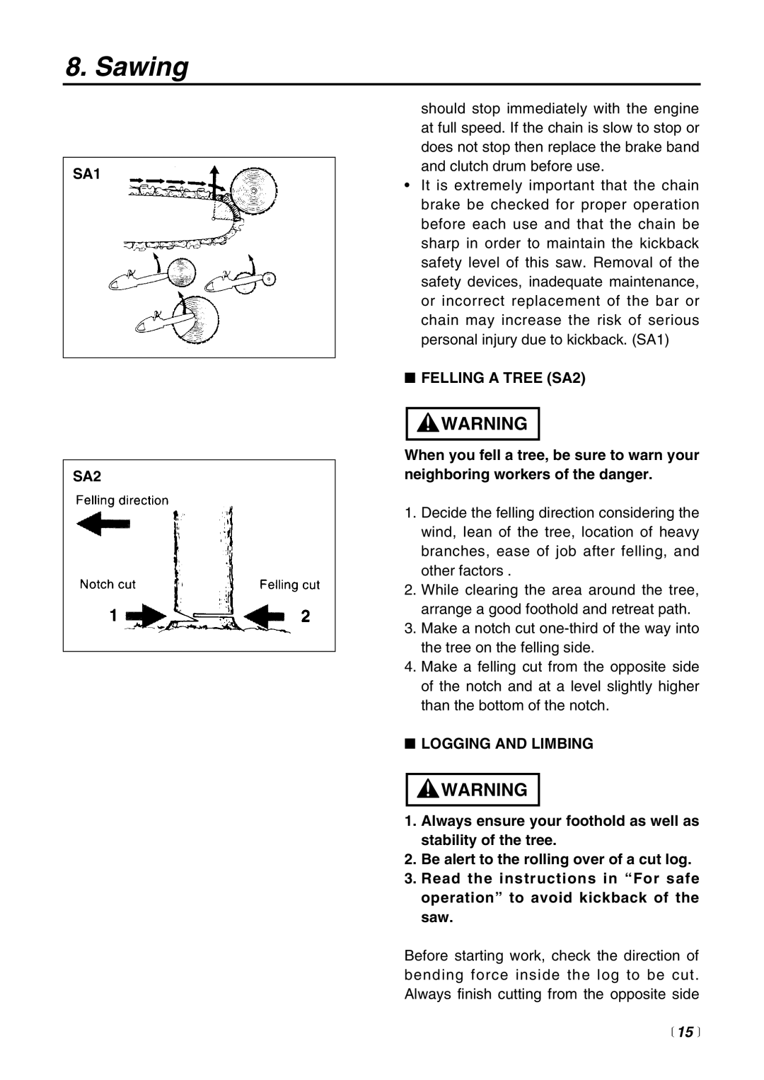 RedMax G3100T manual SA1 SA2, Felling a Tree SA2, Logging and Limbing 
