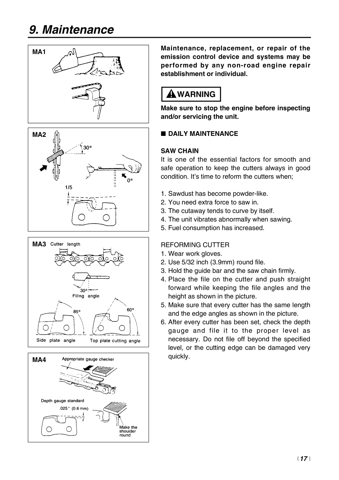 RedMax G3100T manual MA1 MA2 MA3 MA4, Daily Maintenance SAW Chain 