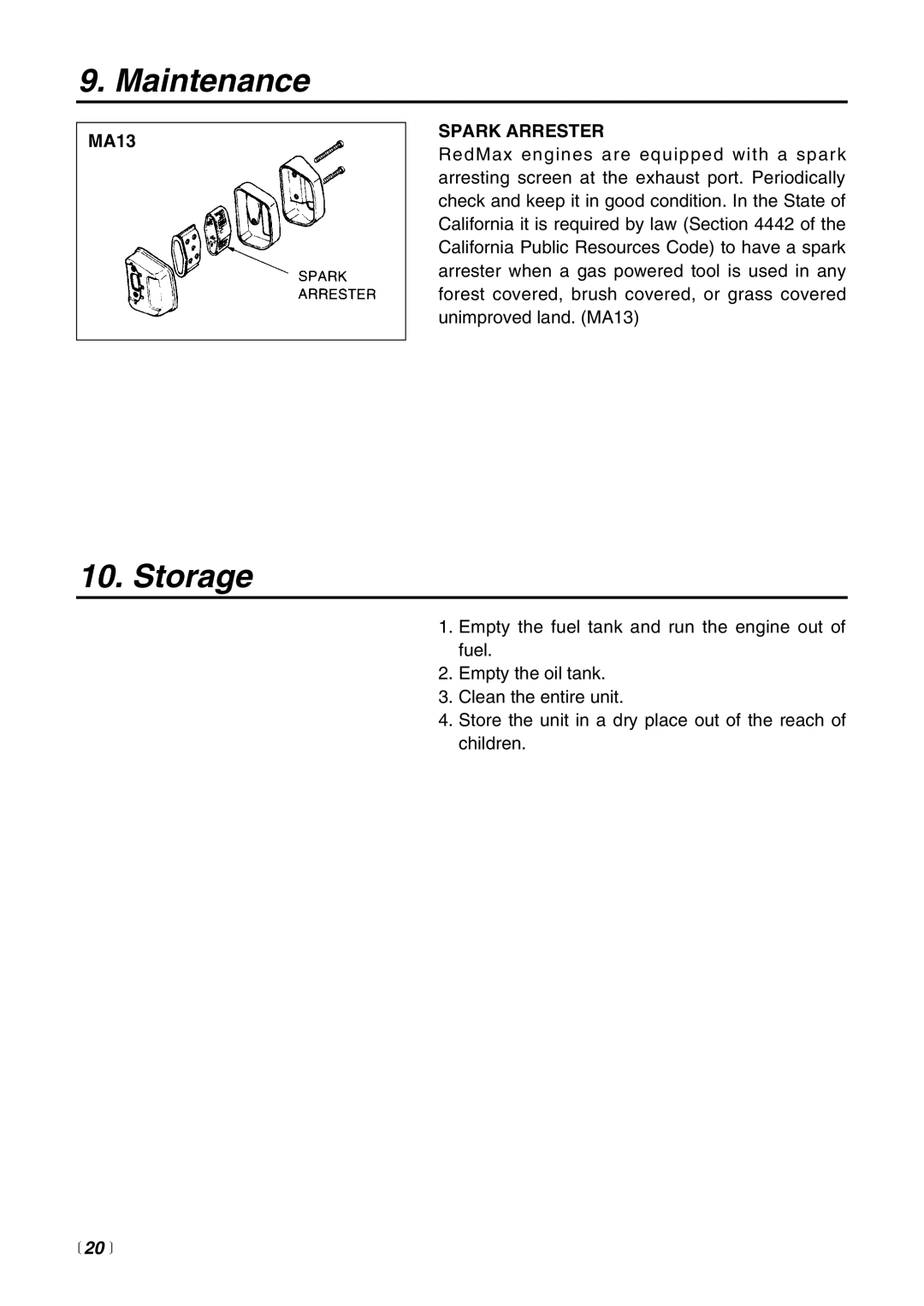 RedMax G3100T manual Storage, Spark Arrester 