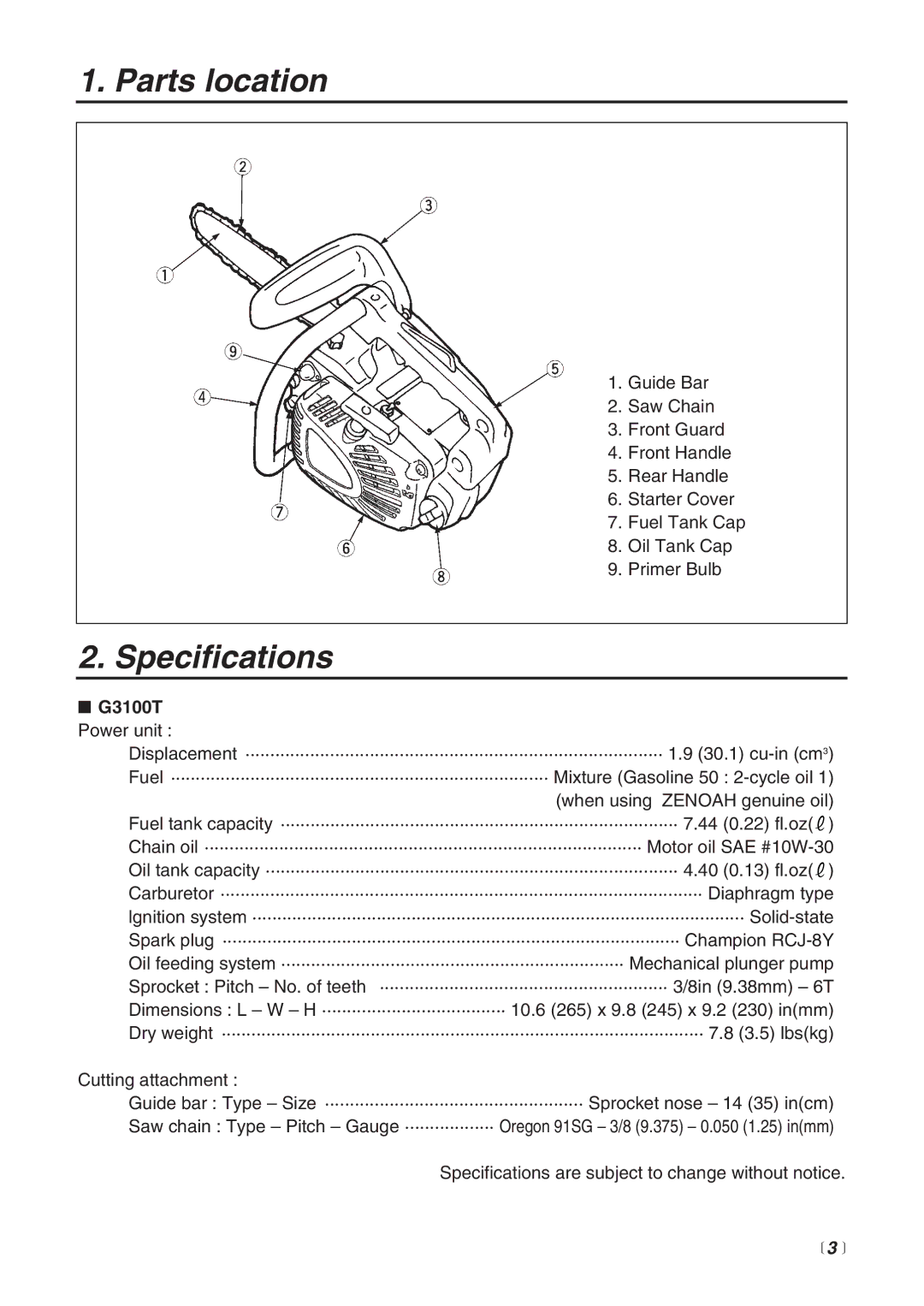 RedMax G3100T manual Parts location, Specifications 