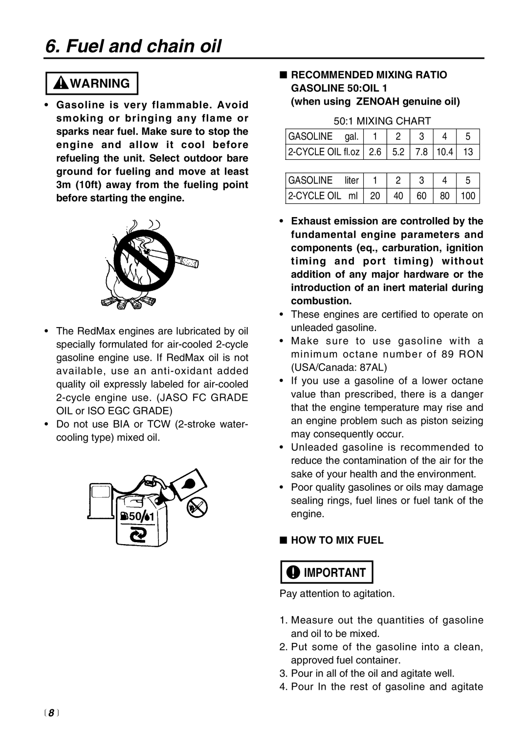 RedMax G3100T manual Fuel and chain oil, Recommended Mixing Ratio Gasoline 50OIL, HOW to MIX Fuel 