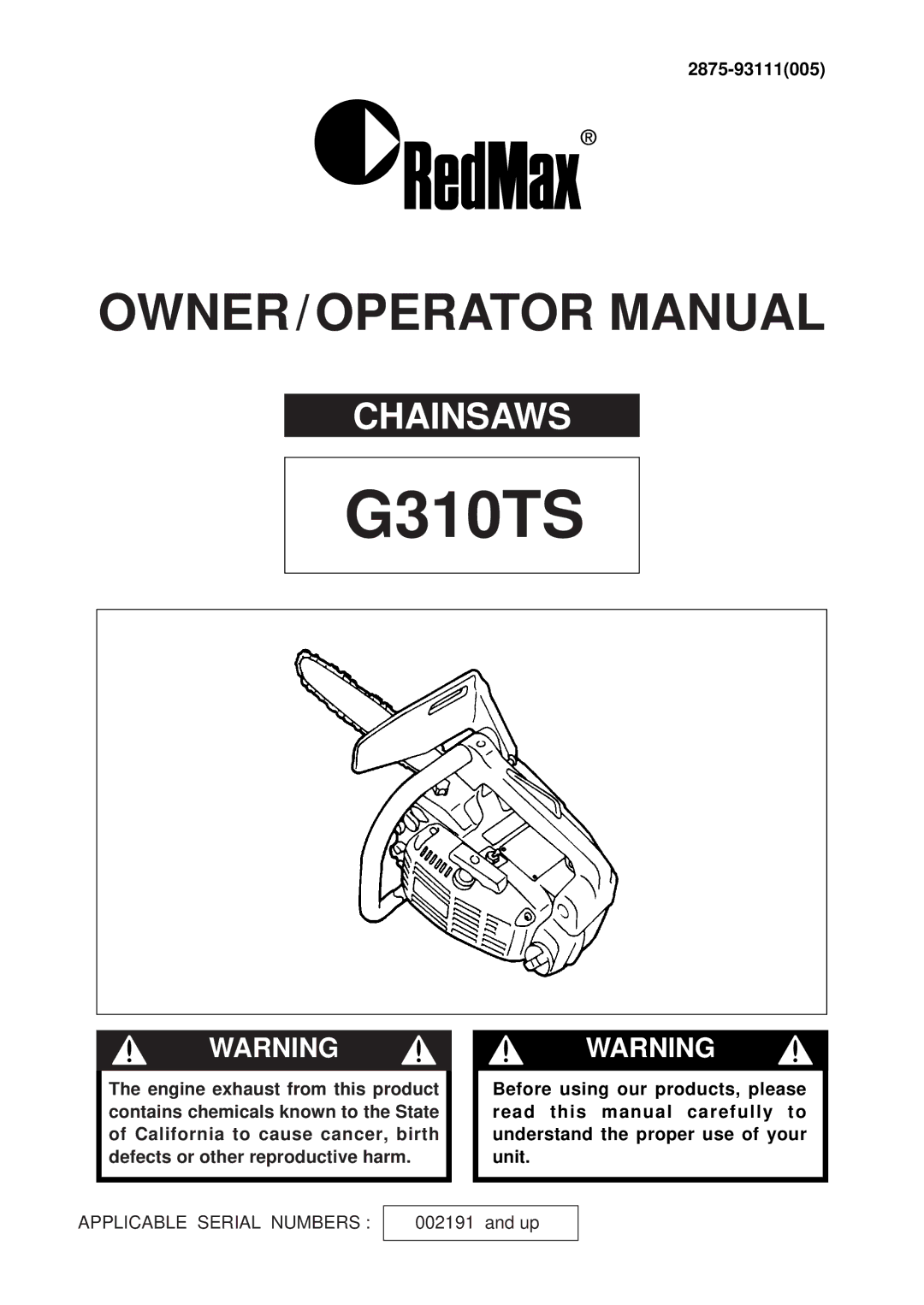 RedMax G310TS manual 2875-93111005 