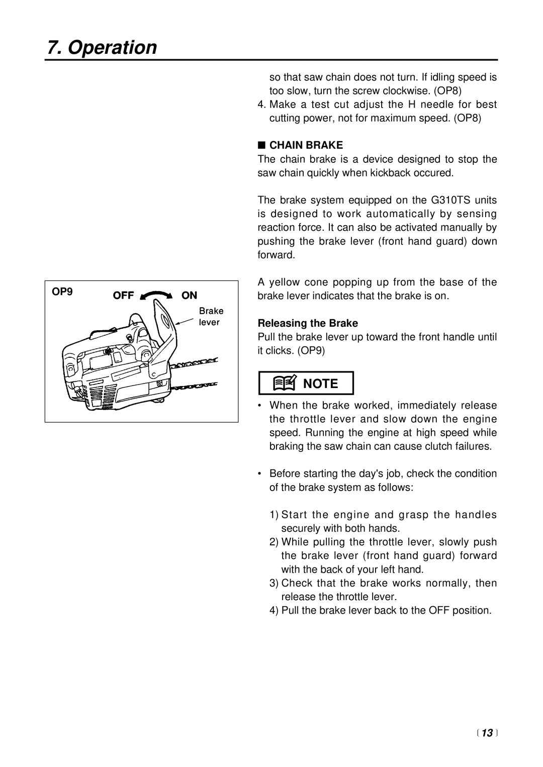 RedMax G310TS manual OP9, Chain Brake, Releasing the Brake 