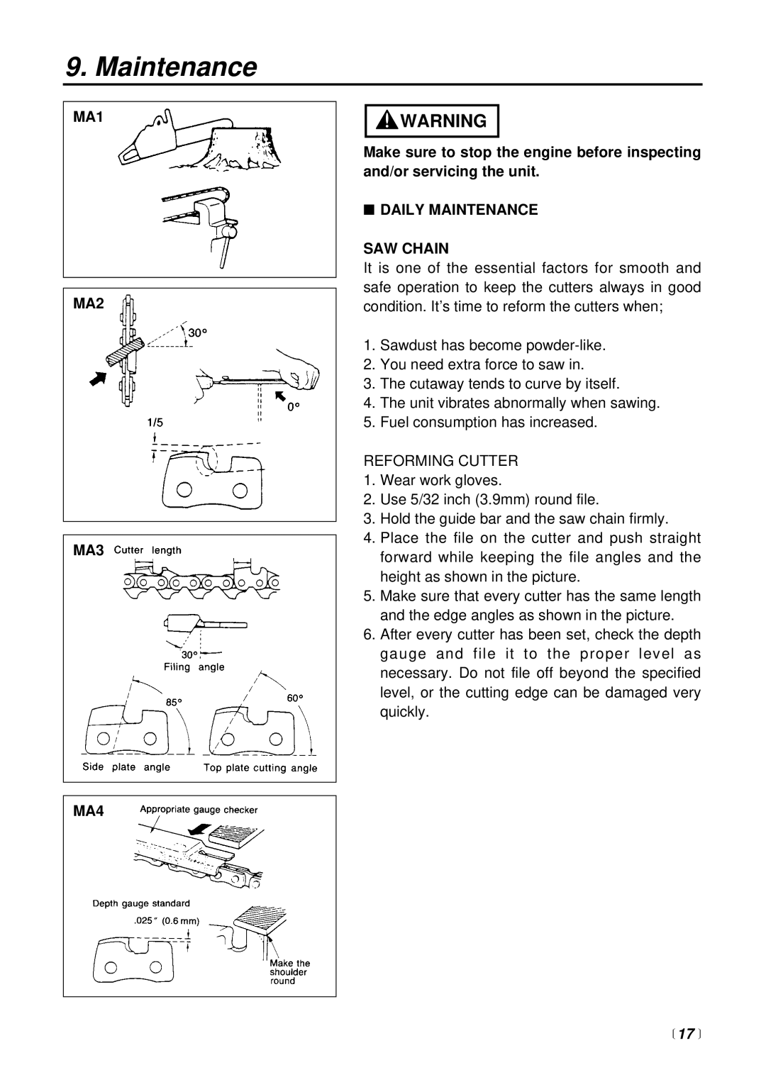 RedMax G310TS manual MA1 MA2 MA3 MA4, Daily Maintenance SAW Chain 