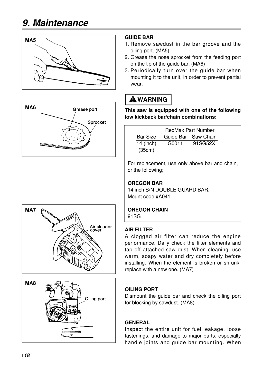 RedMax G310TS manual MA5 MA6 MA7 MA8, Guide BAR, Oregon BAR, Oregon Chain, AIR Filter, Oiling Port, General 